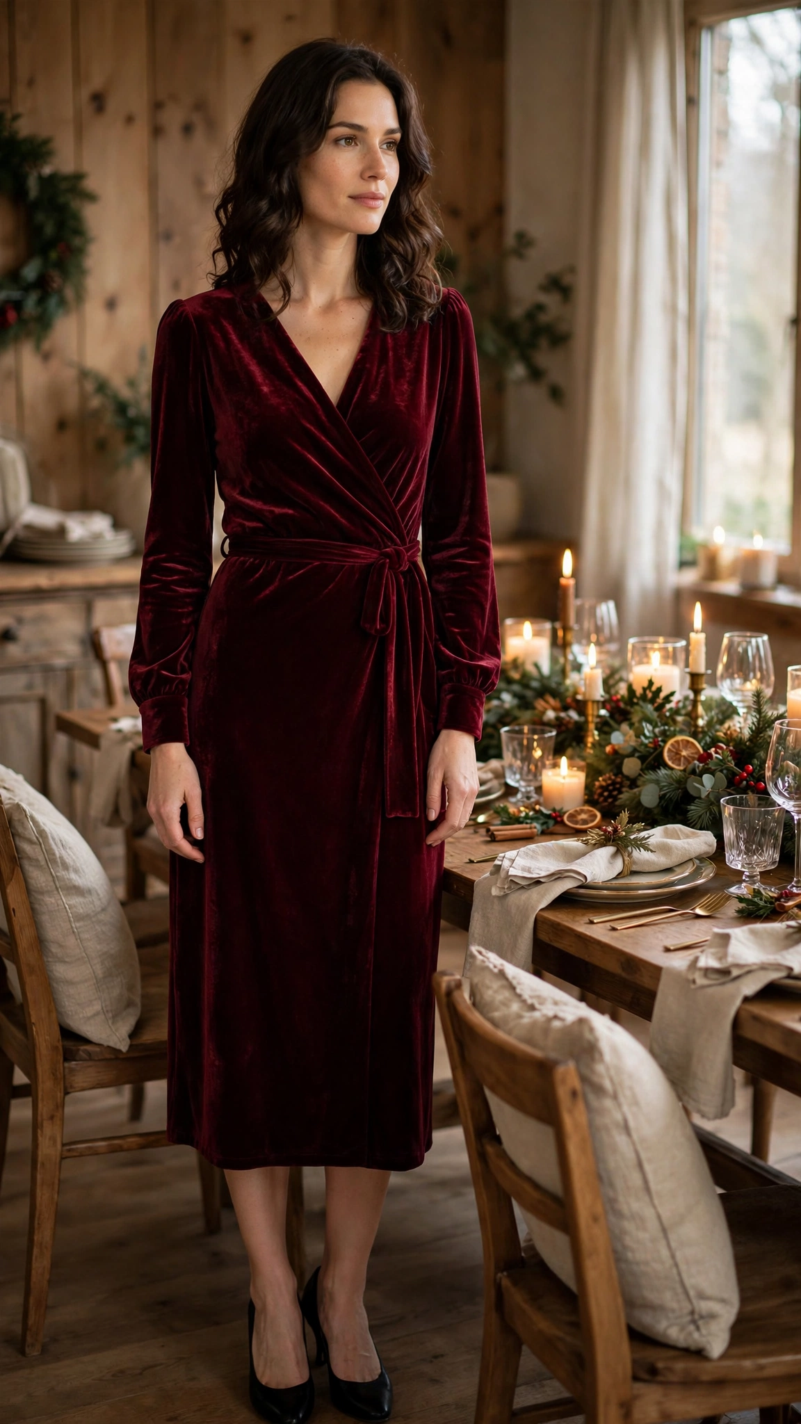 Velvet Holiday Dresses – 1. The Burgundy Velvet Wrap Midi