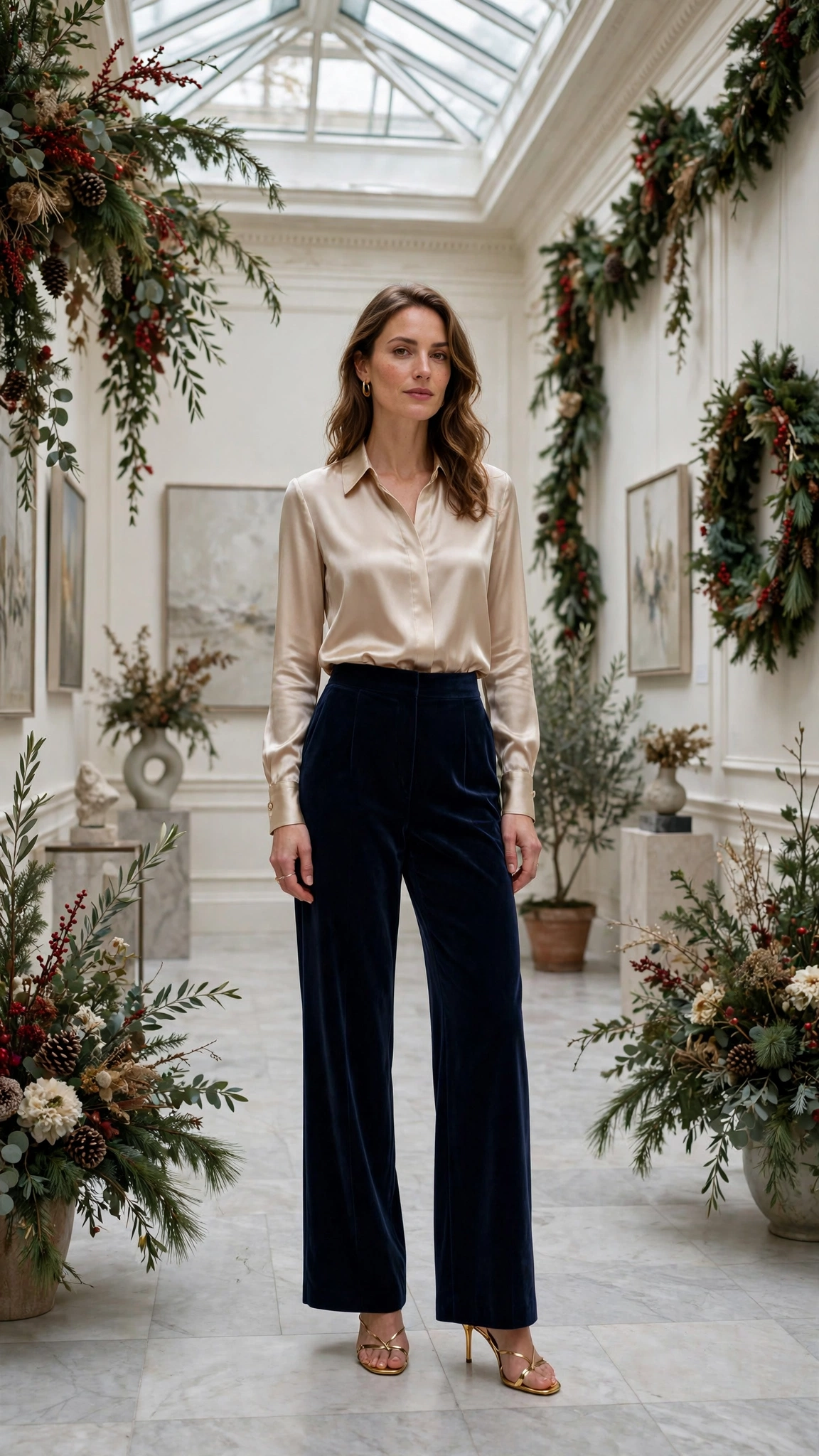 4. Navy Velvet Wide-Leg Trousers With a Satin Blouse