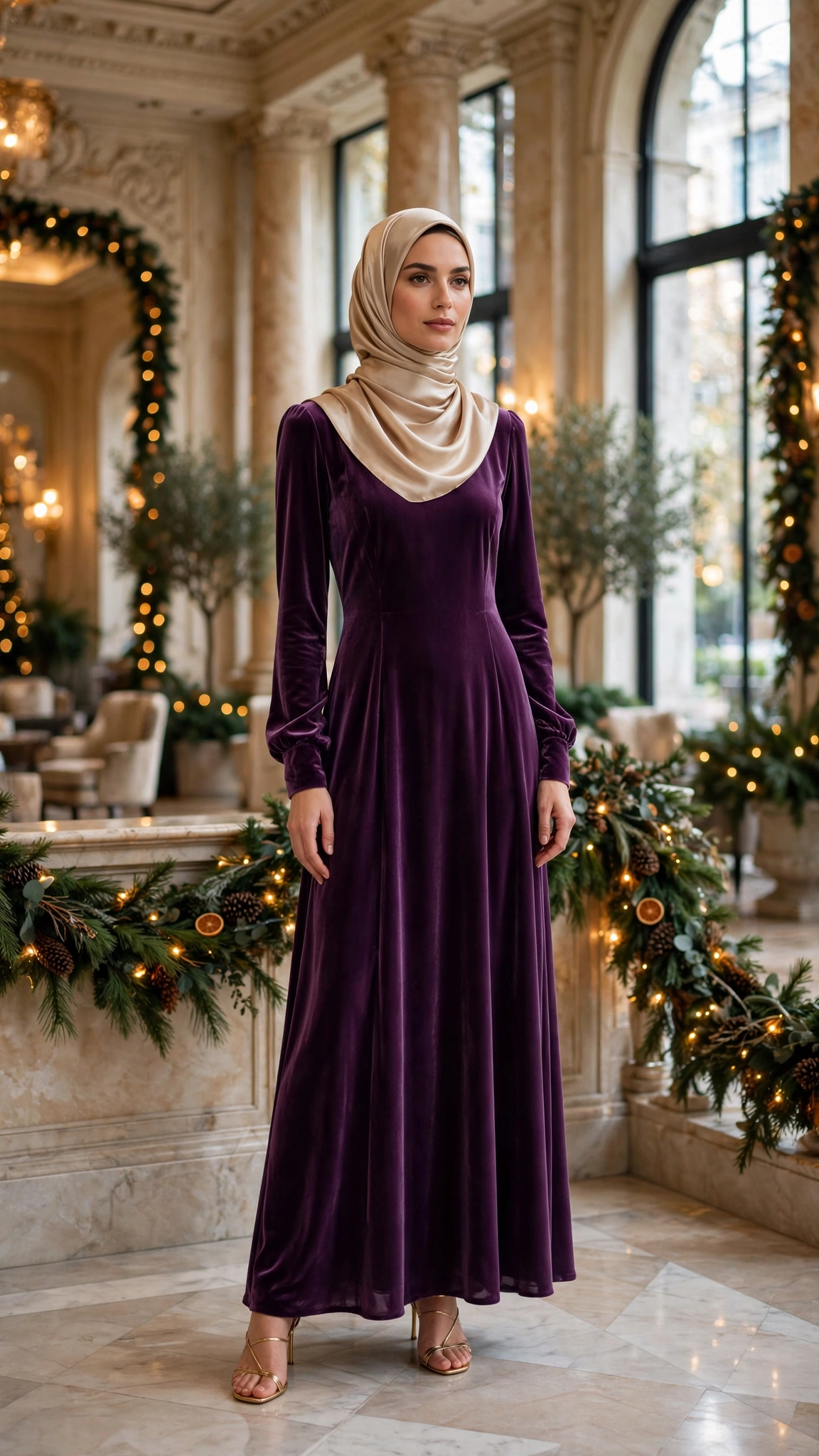 5. Plum Velvet Maxi With a Silk Hijab