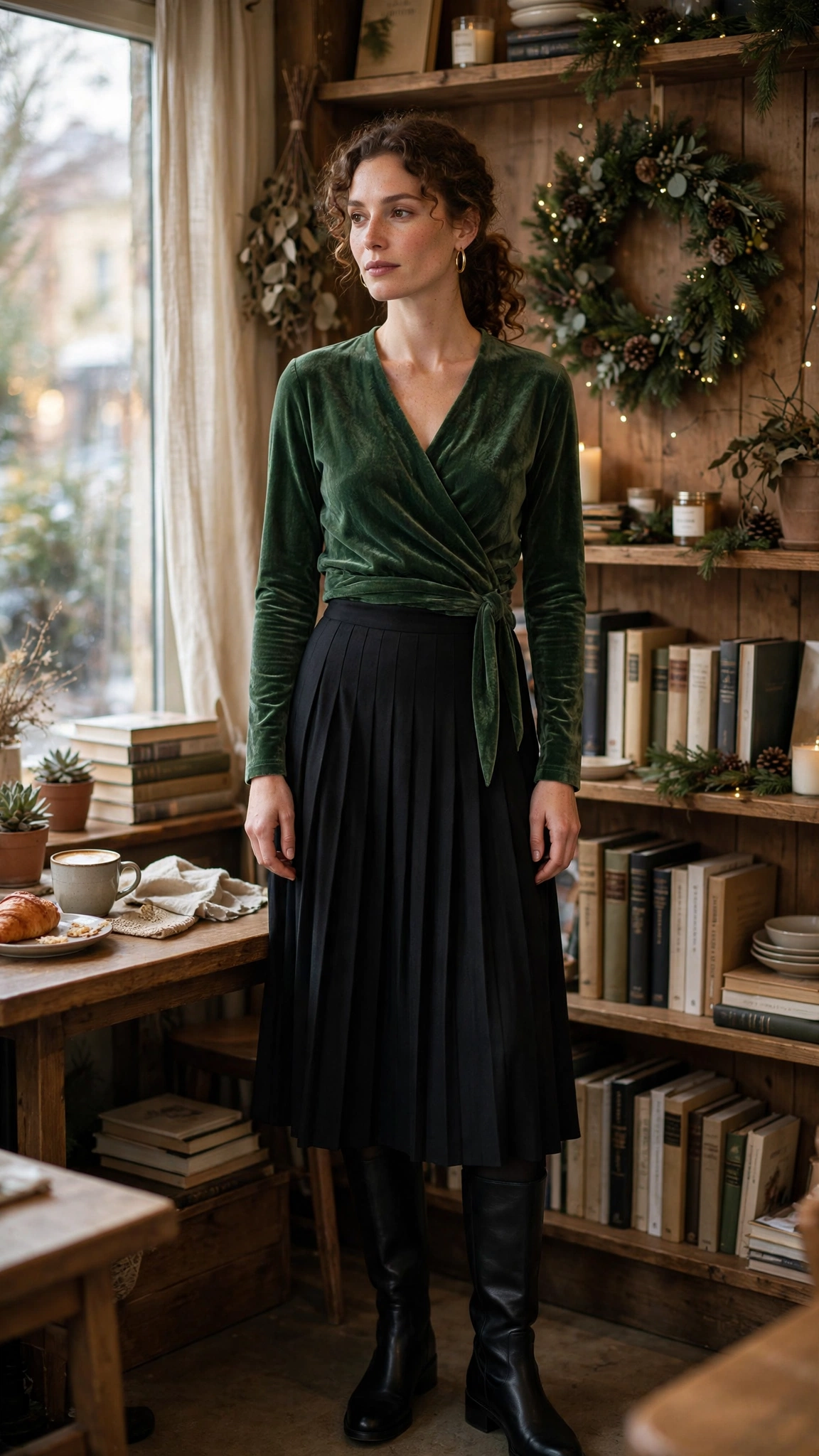7. Forest Green Velvet Wrap Top With a Pleated Skirt