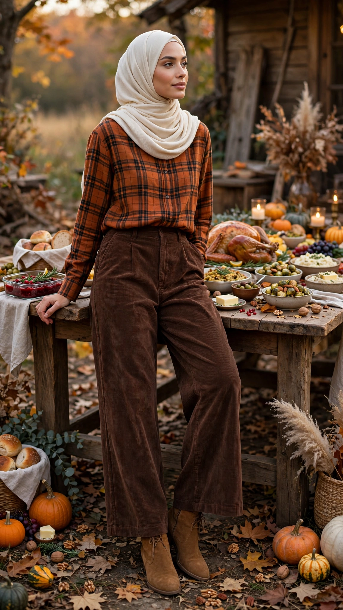 2. Flannel Shirt + Corduroy Wide-Leg Pants + Jersey Hijab
