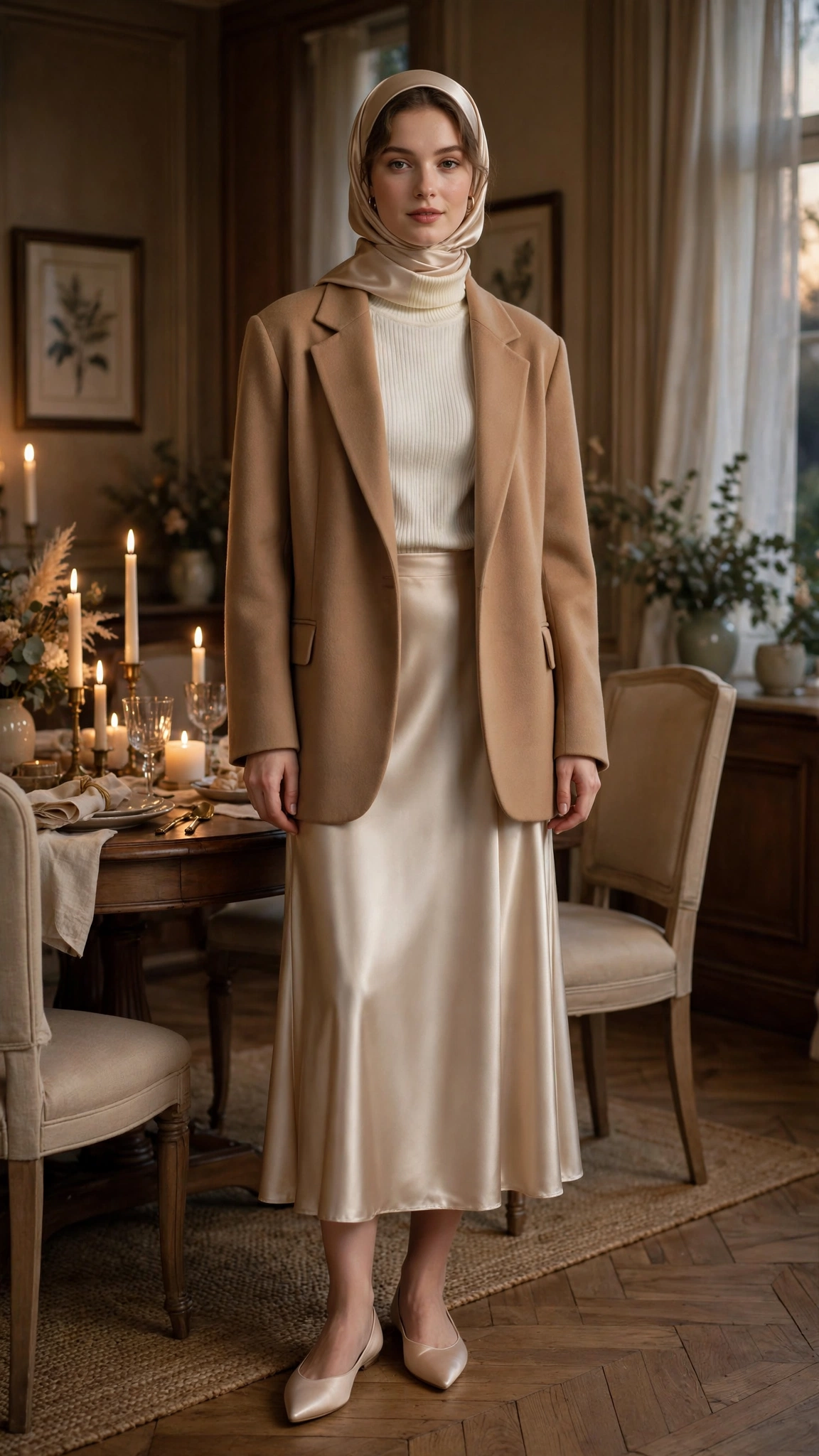 4. Satin Midi Skirt + Turtleneck + Oversized Blazer