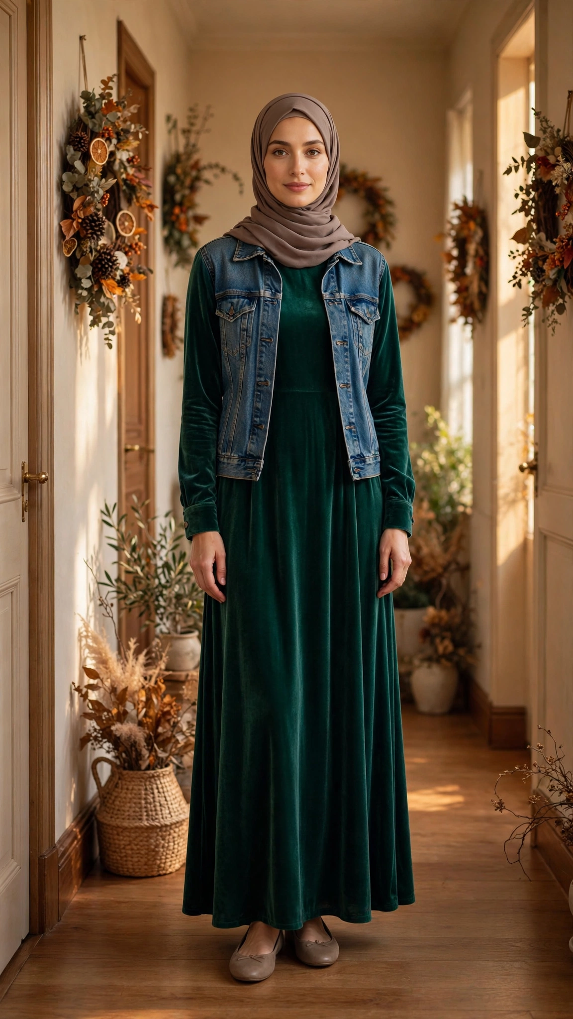 7. Velvet Maxi Dress + Denim Jacket + Neutral Hijab