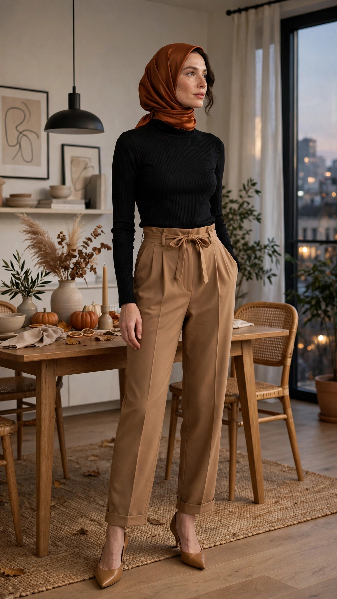 8. Turtleneck Bodysuit + Paperbag Trousers + Pumps