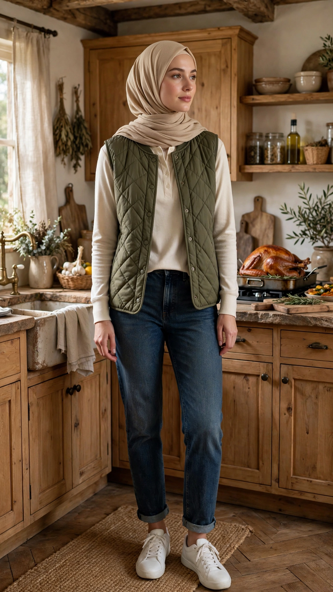 9. Quilted Vest + Henley + Dark-Wash Jeans (A Modest Thanksgiving Outfit Ideas Pick for Casual Hosts)