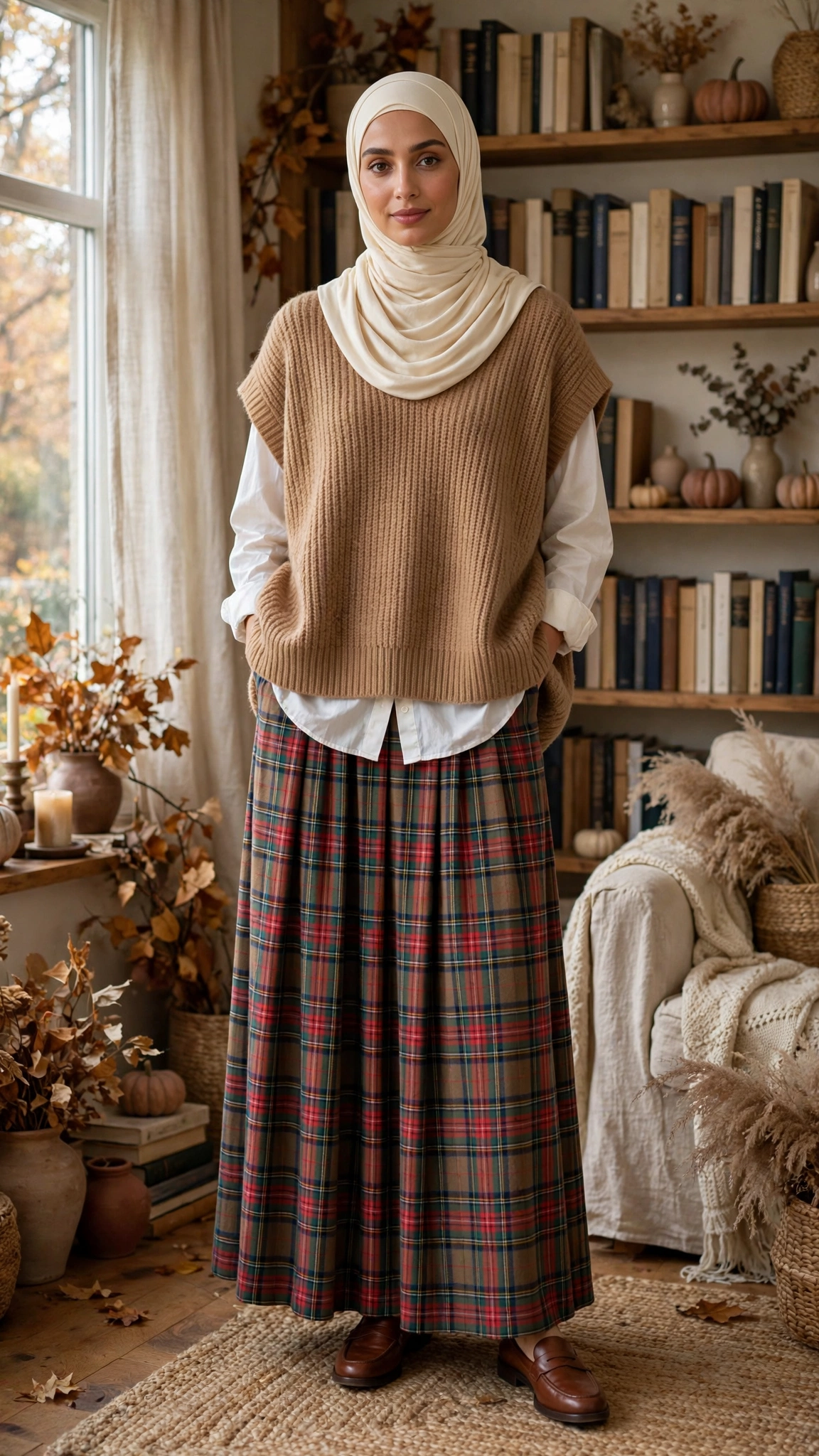 11. Sweater Vest + White Shirt + Plaid Maxi Skirt