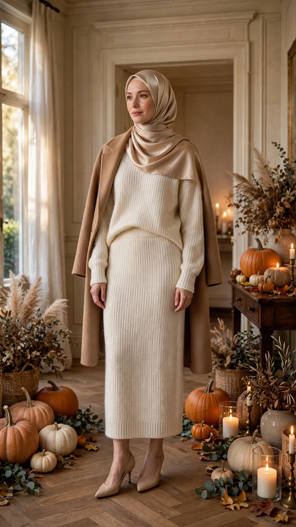 13. Tonal Cream Knit Set + Camel Coat — Among Our Top Modest Thanksgiving Outfit Ideas