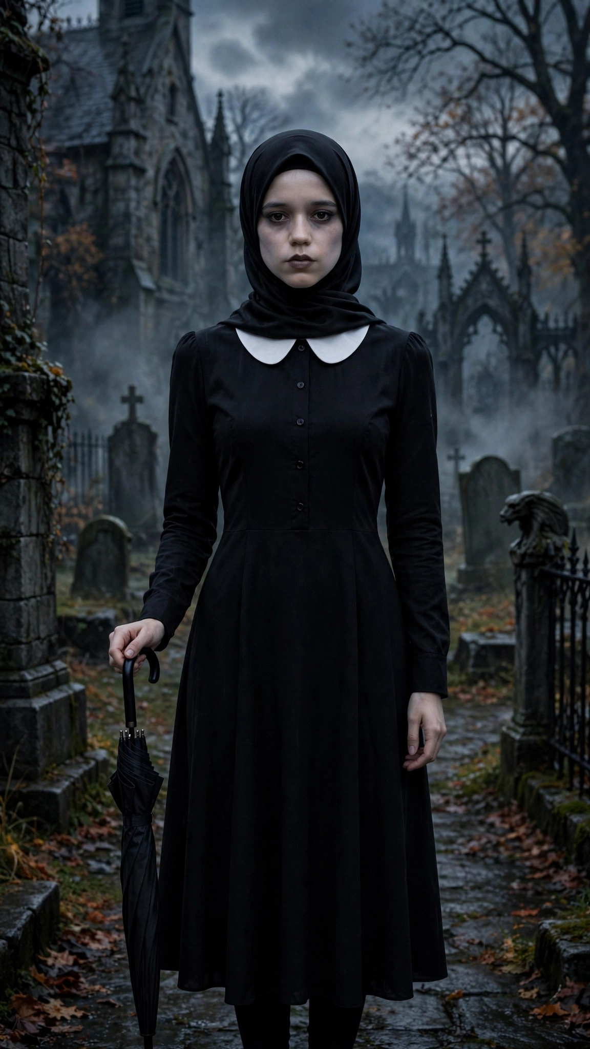 3. Wednesday Addams: Black Midi Dress + Black Hijab + Braids