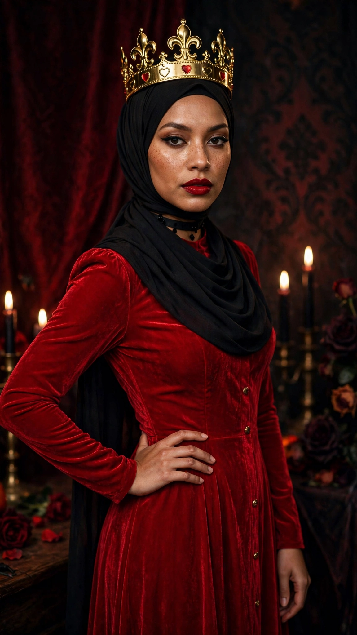 4. Queen of Hearts: Red Dress + Heart Headband Over Hijab