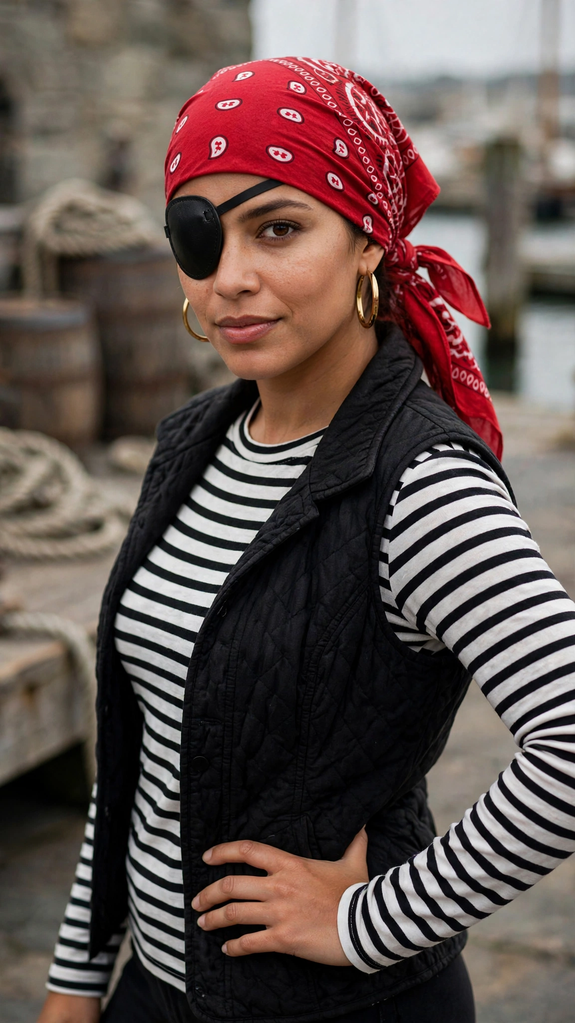5. Pirate: Striped Top + Black Vest + Red Bandana Hijab