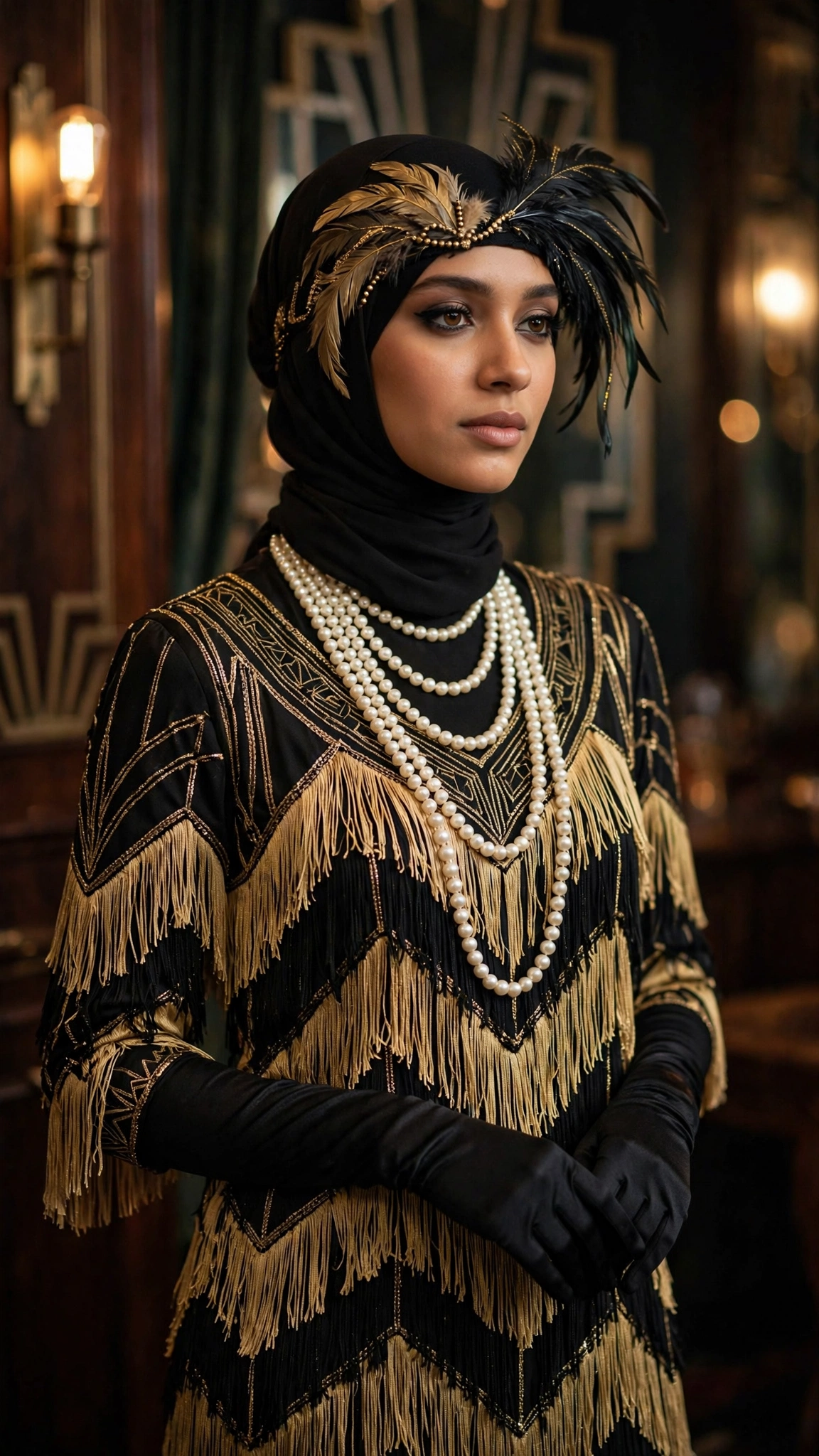 6. 1920s Flapper: Fringe Midi Dress + Feather Headband Over Hijab