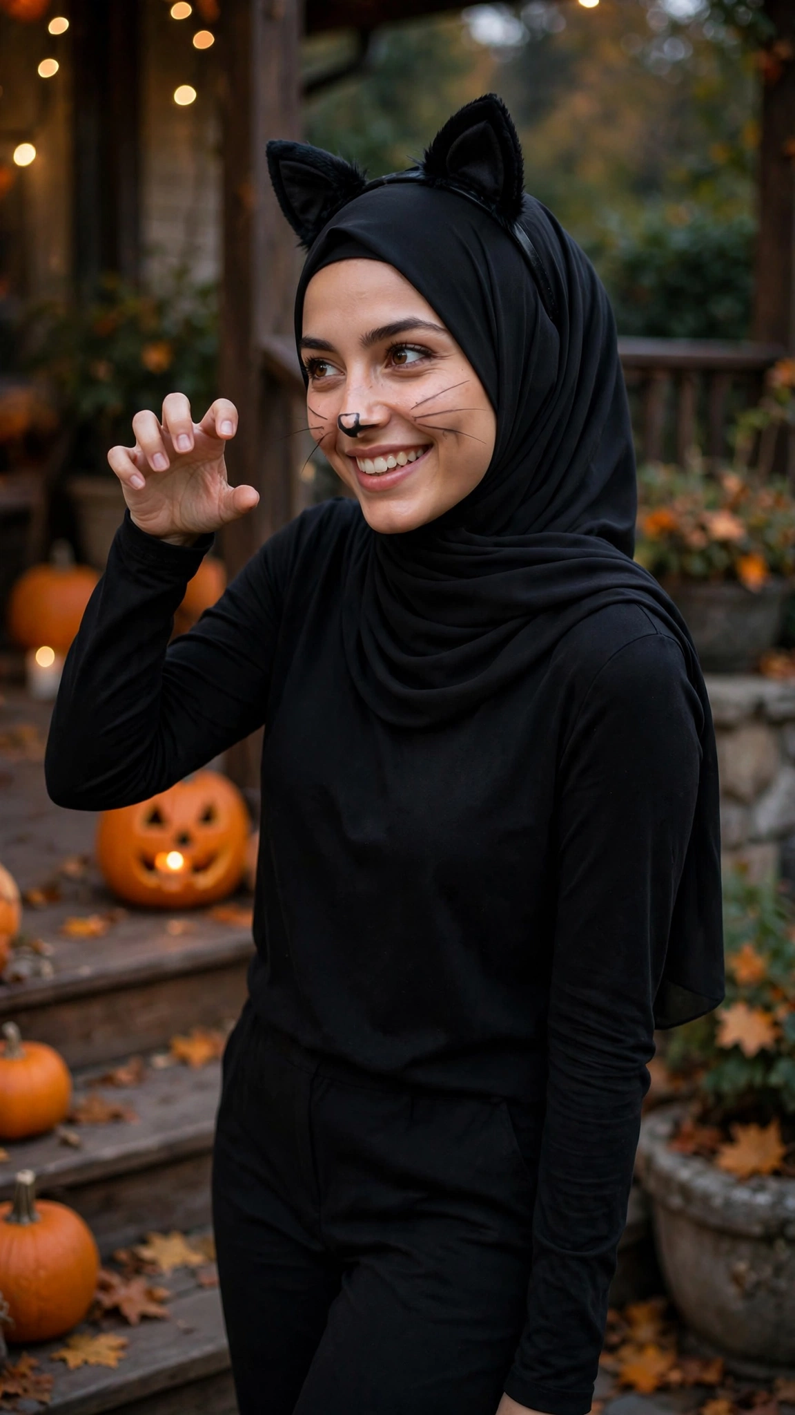 7. Black Cat: All-Black Outfit + Cat-Ear Headband Over Hijab