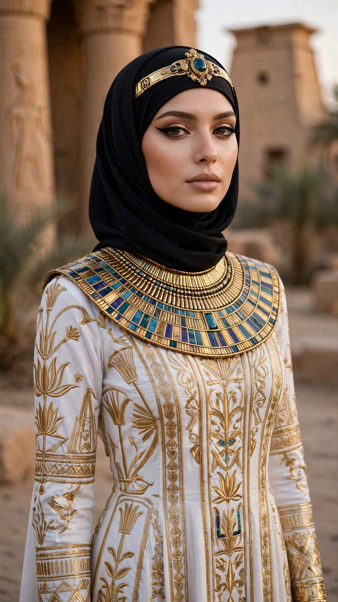 10. Cleopatra: White-and-Gold Maxi Dress + Gold Collar + Black Hijab