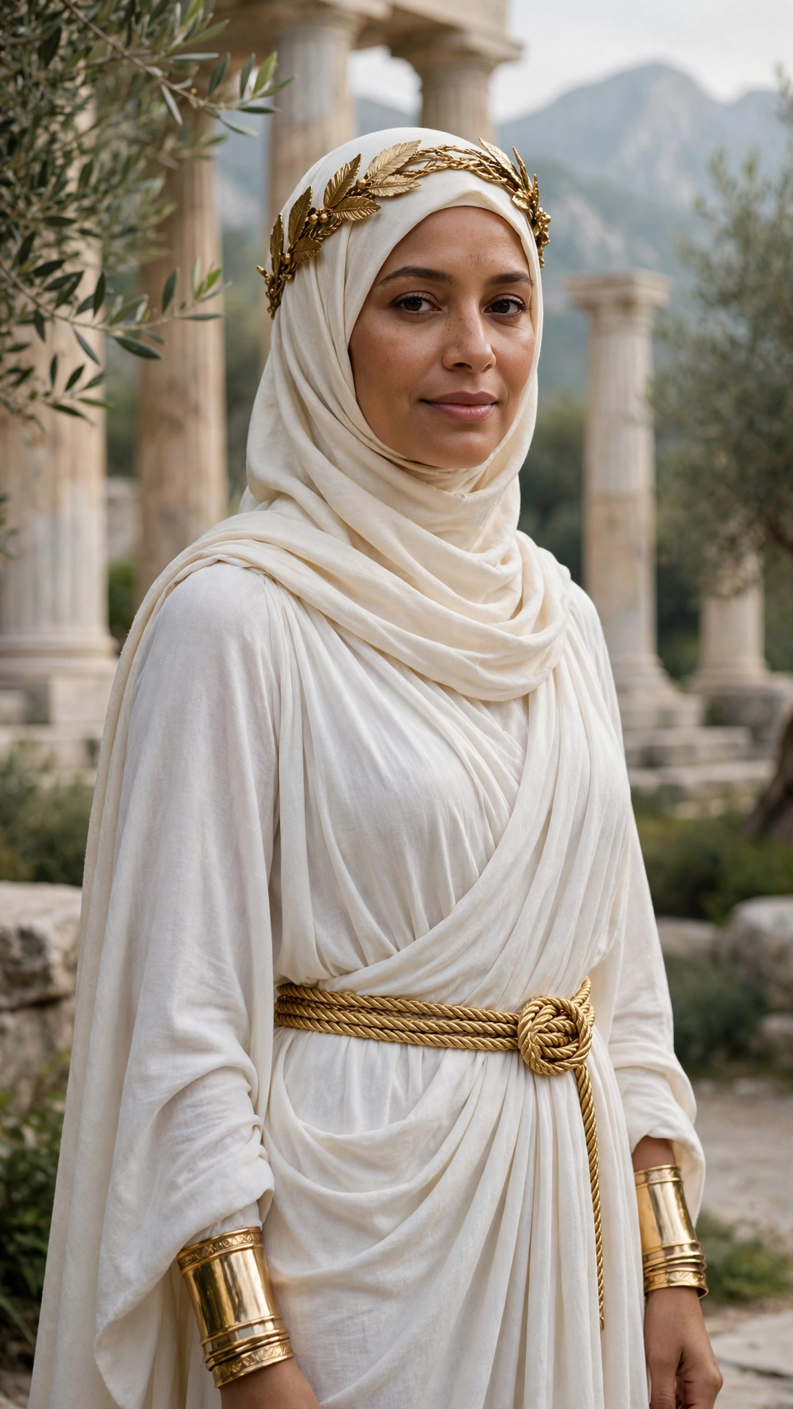 11. Greek Goddess: White Draped Dress + Laurel Headband Over Cream Hijab