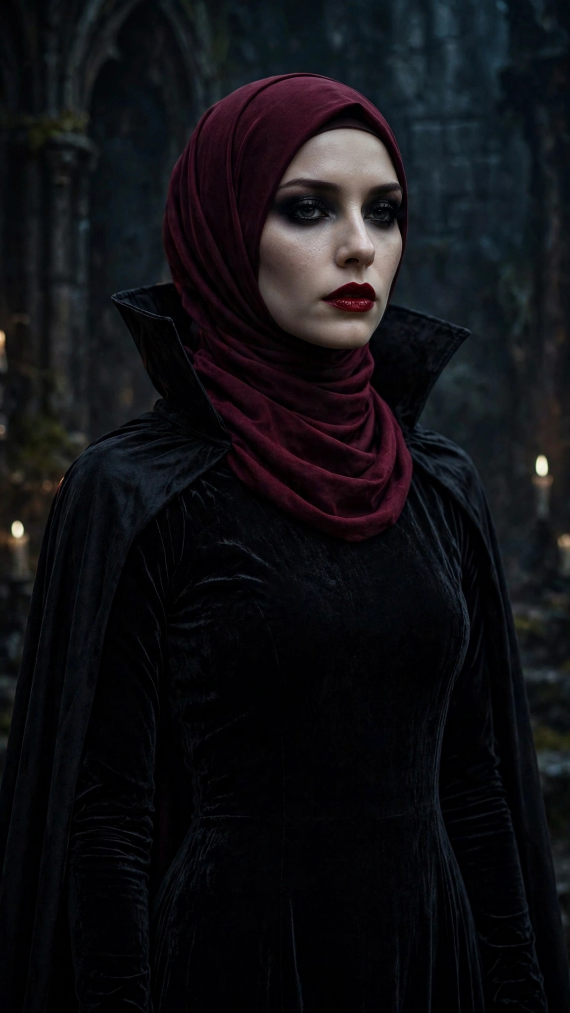 12. Vampire: Black-and-Red Dress + Cape + Dark Red Hijab