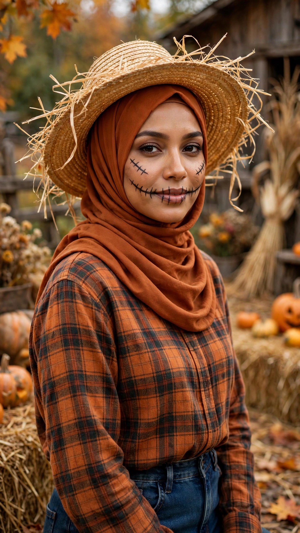 13. Scarecrow: Plaid Shirt + Overalls + Straw Hat Over Hijab