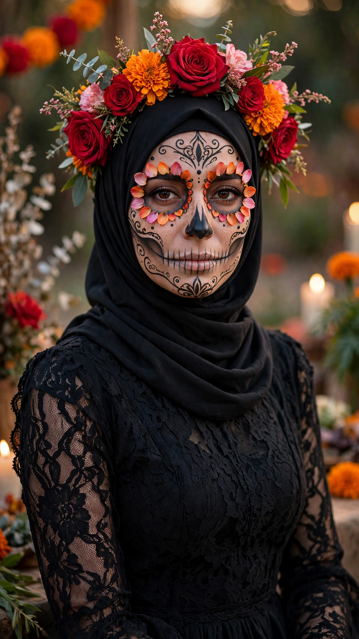 14. Day of the Dead Catrina: Black Dress + Floral Crown Over Hijab