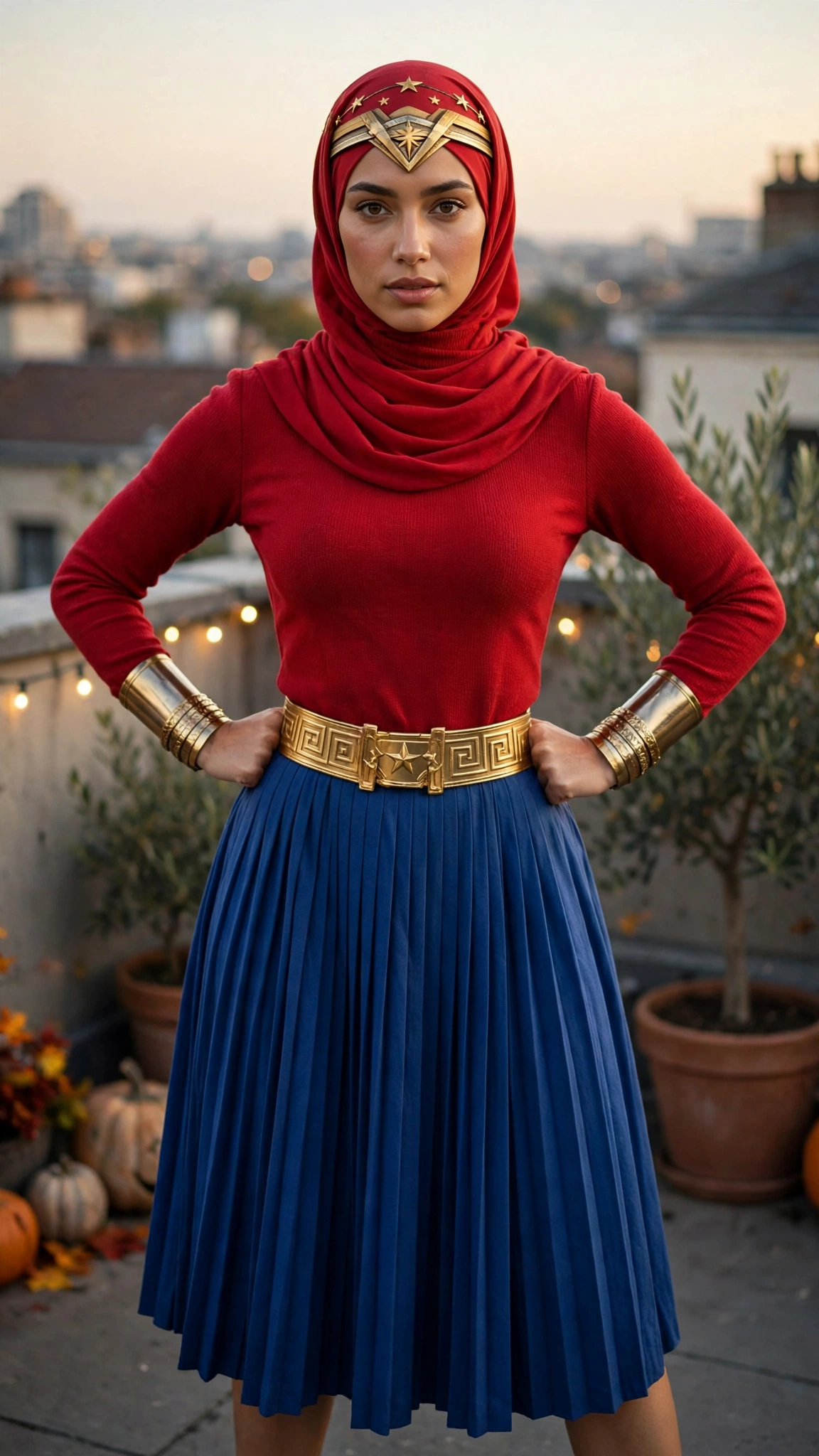 15. Wonder Woman (Modest): Color-Blocked Dress + Gold Belt + Star Headband