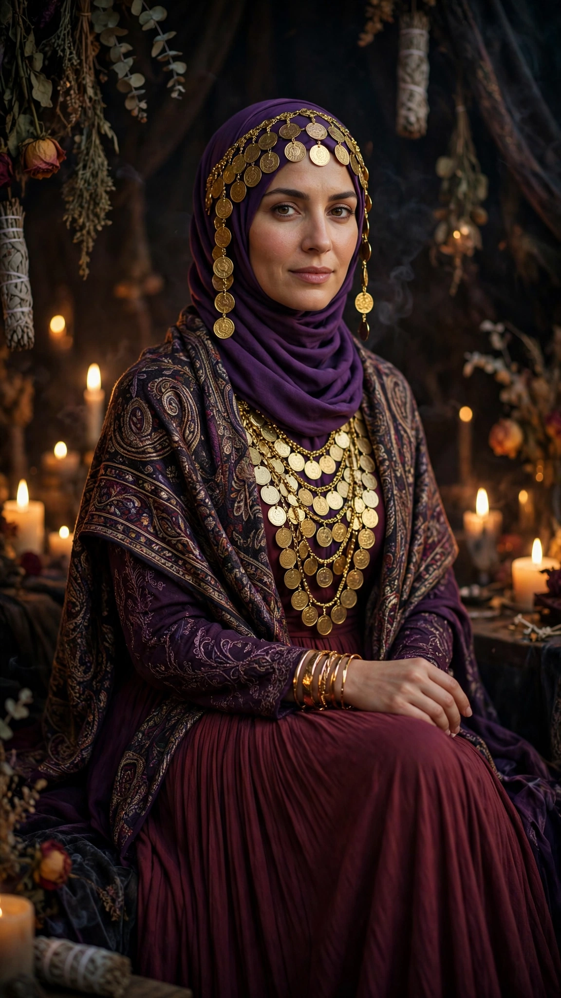 17. Fortune Teller: Flowy Skirt + Shawl + Gold Jewelry + Coin Headpiece