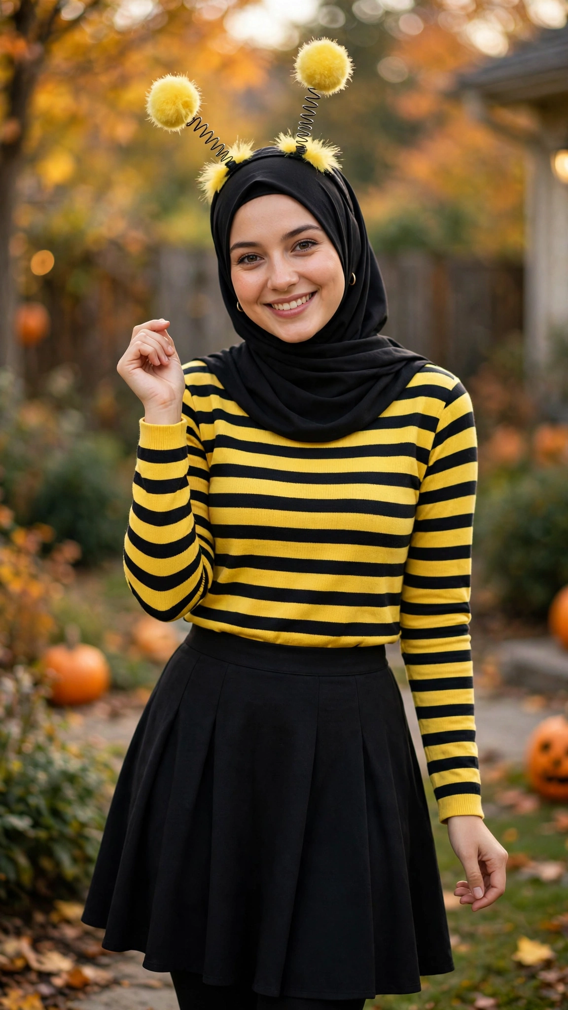 18. Bumblebee: Striped Top + Black Skirt + Antennae Headband Over Hijab