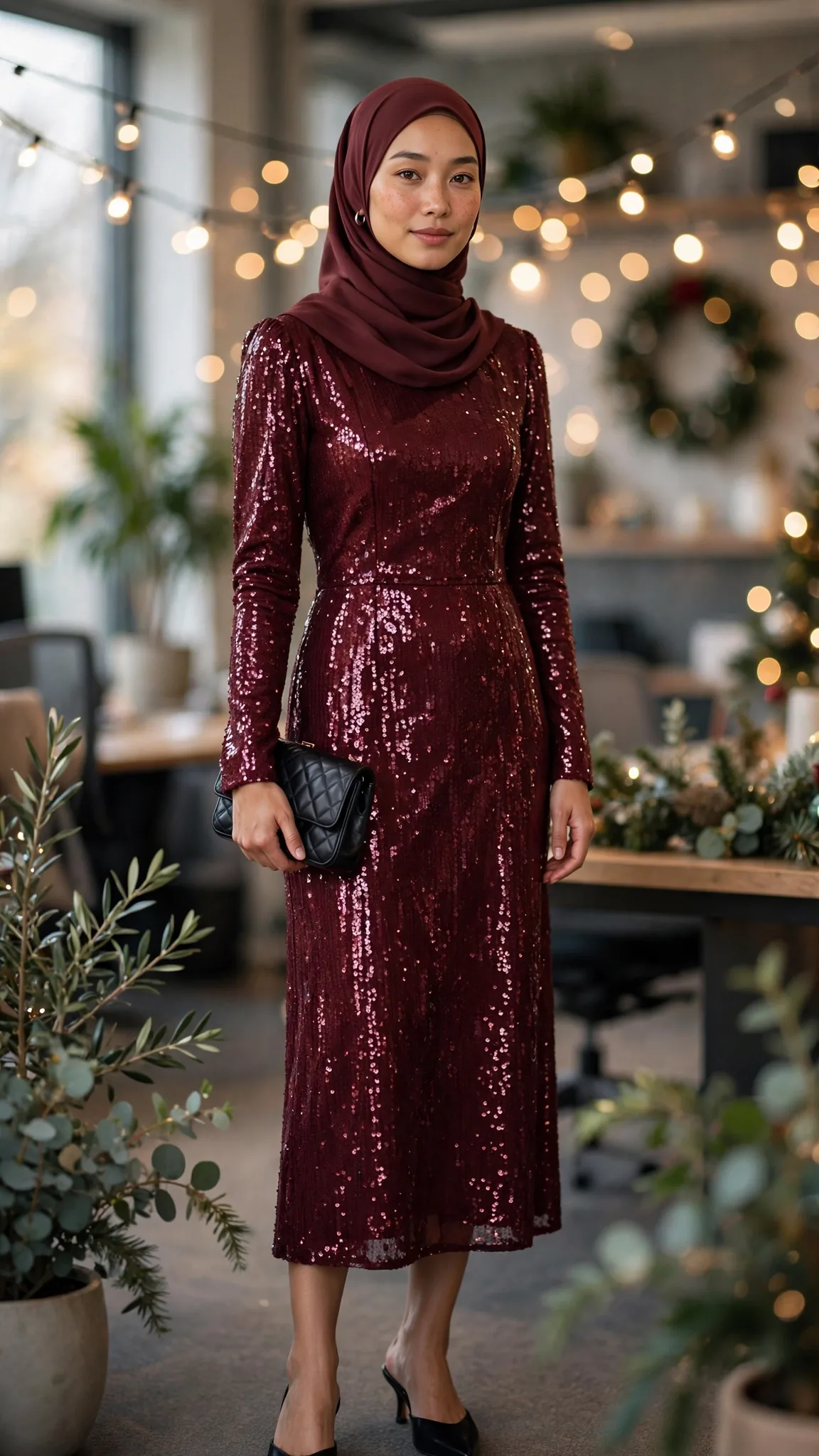 2. Burgundy Sequin Midi with Fitted Long Sleeves