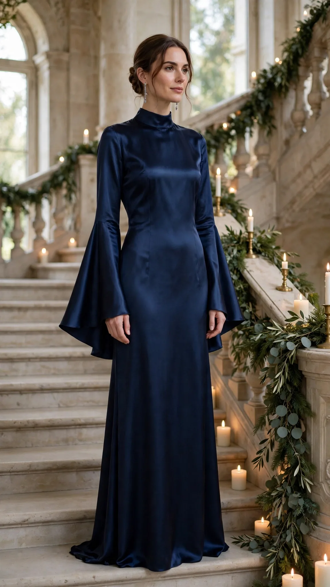 3. Navy Satin Gown with Bell Sleeves