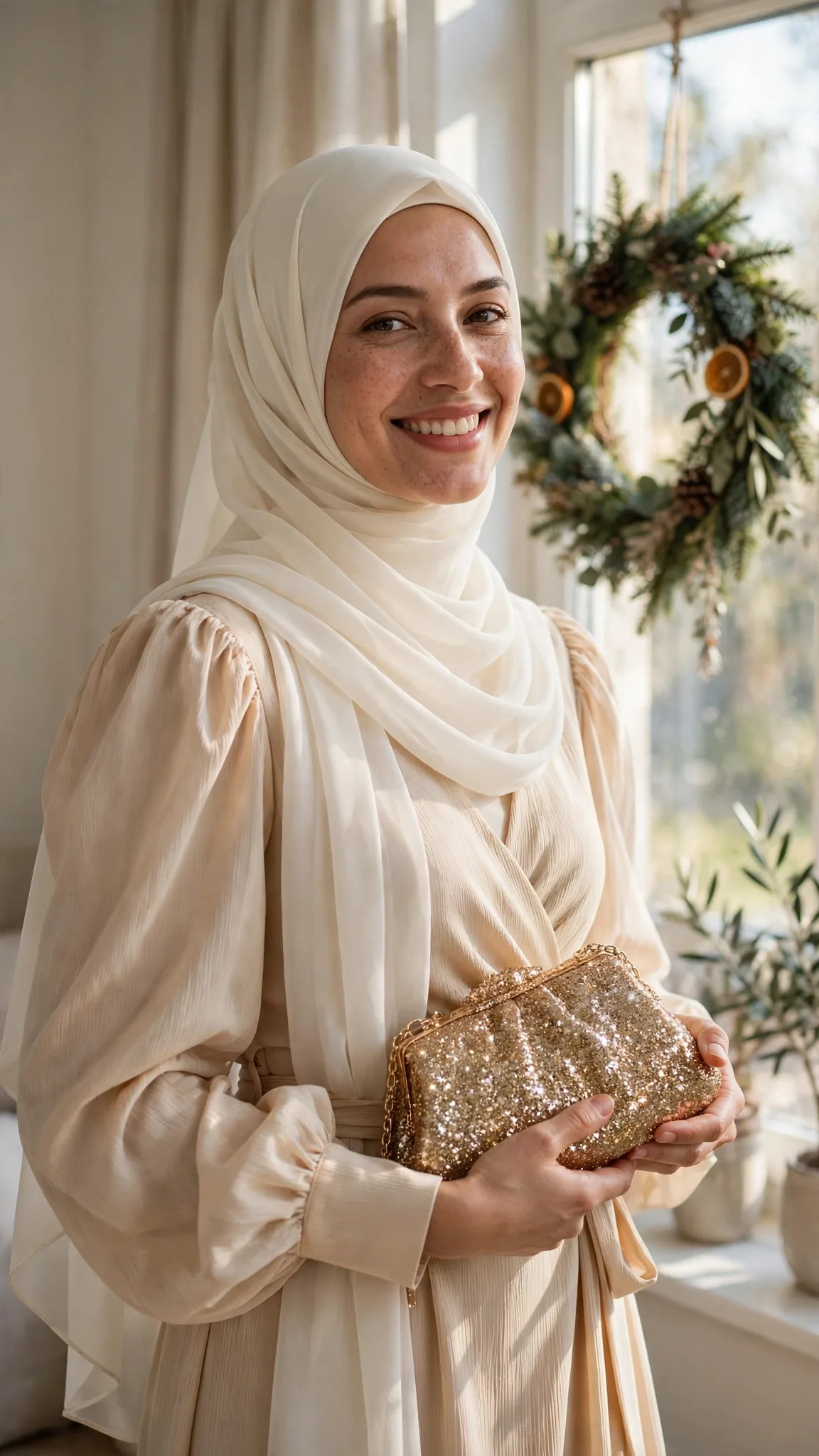 4. Champagne Crepe Wrap Dress with Puff Sleeves