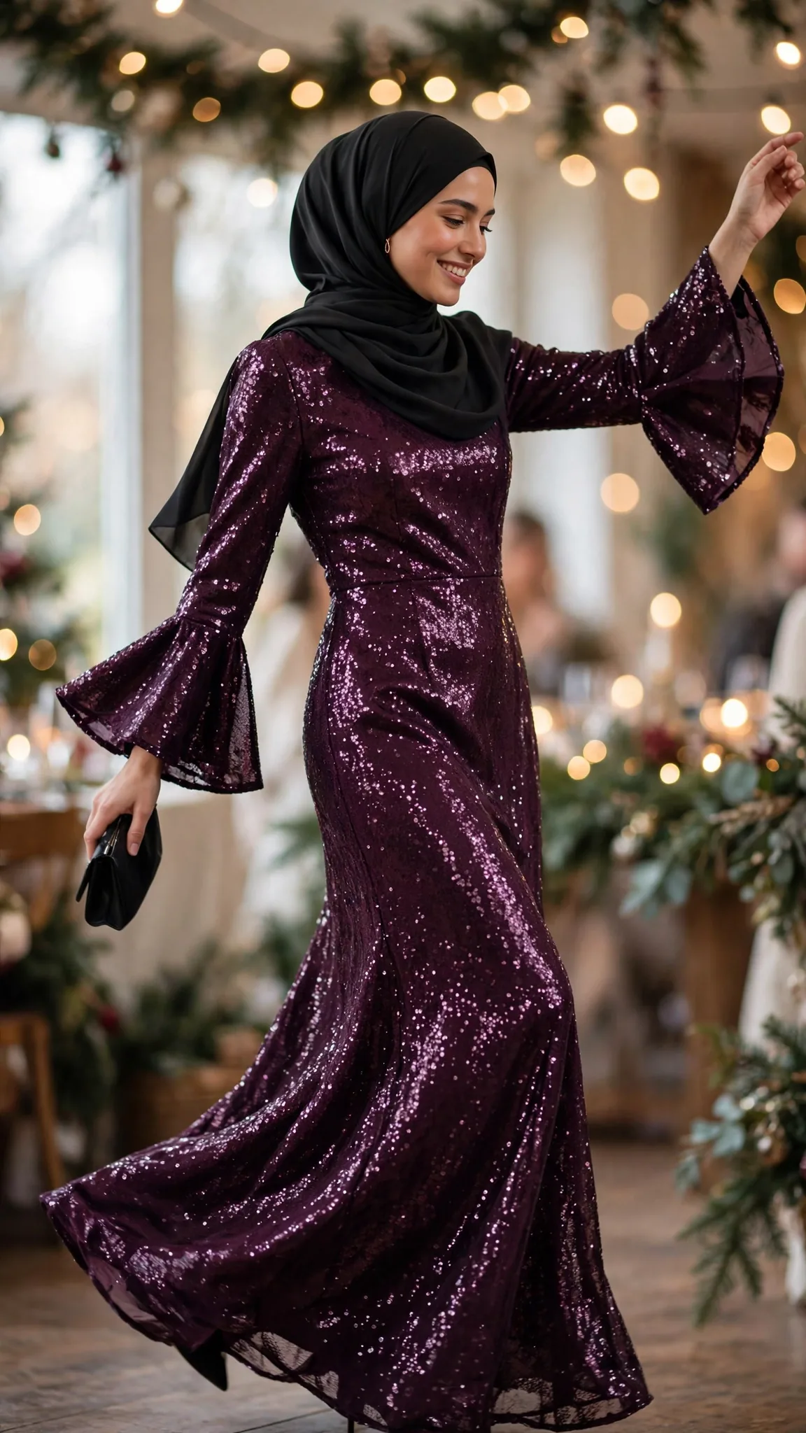 8. Plum Sequin Maxi with Flared Cuff Sleeves