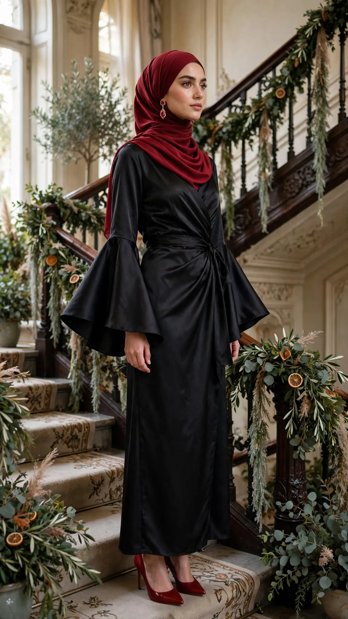 16. Black Satin Wrap Dress with Bell Sleeves