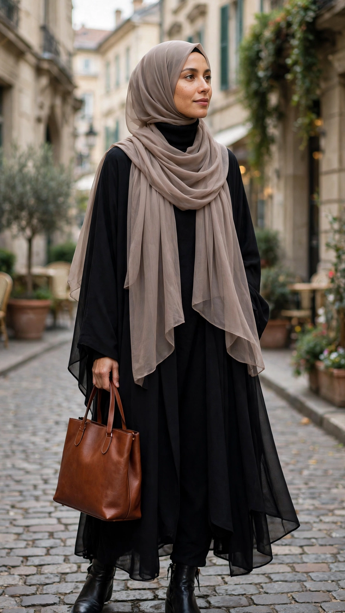3. Black Abaya-Style Coat + Taupe Chiffon Hijab + Ankle Boots