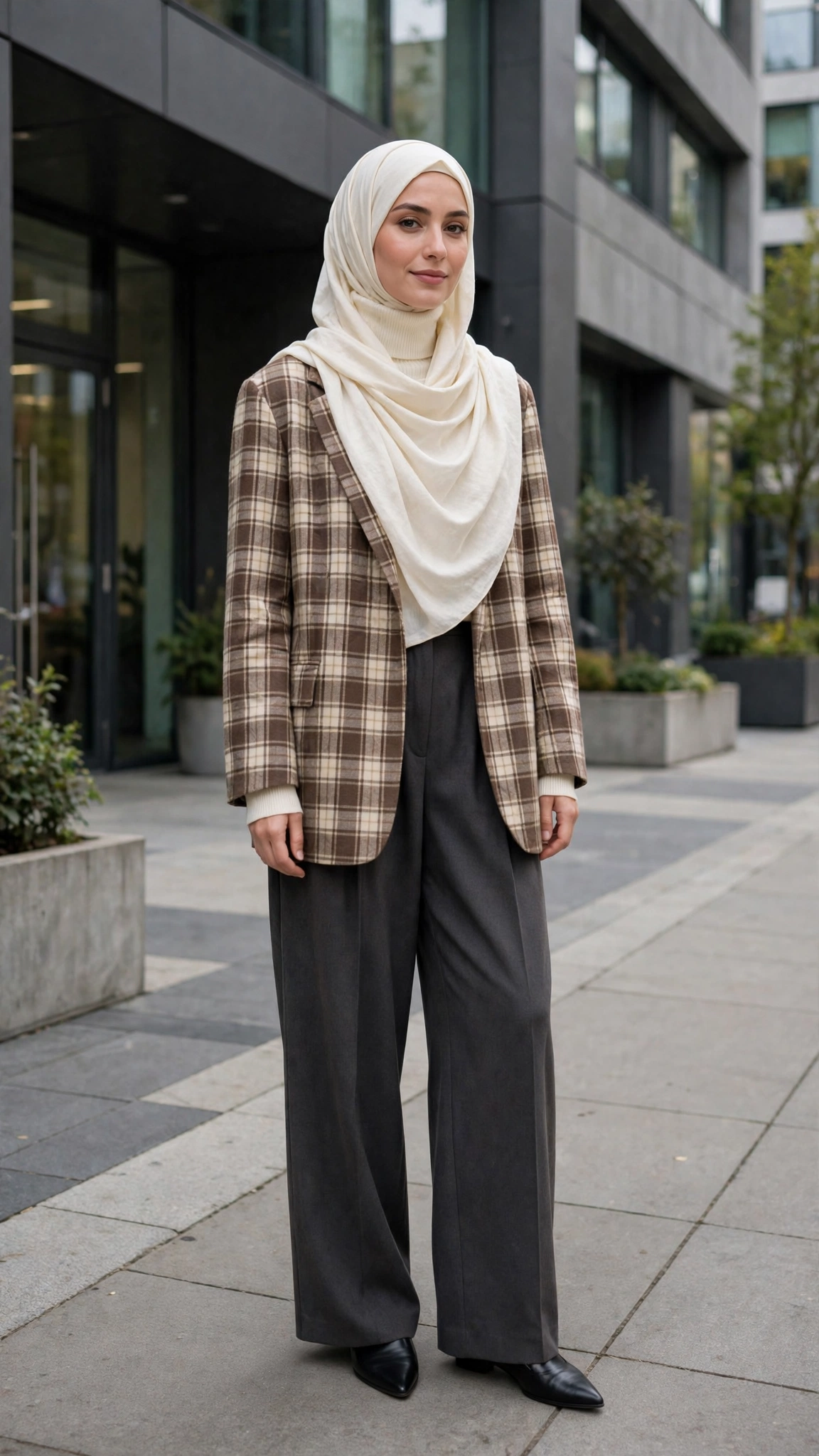 4. Plaid Blazer + Ivory Hijab + Dark Wide-Leg Trousers