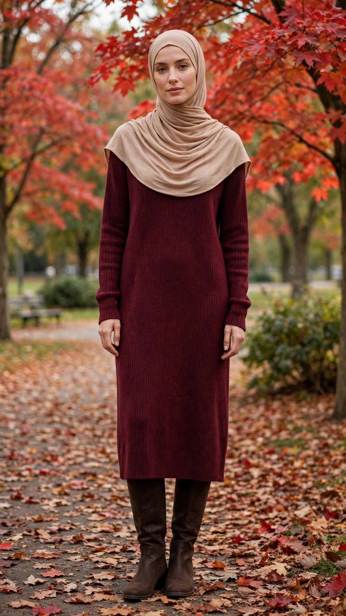 5. Burgundy Sweater Dress + Nude Modal Hijab + Knee-High Boots