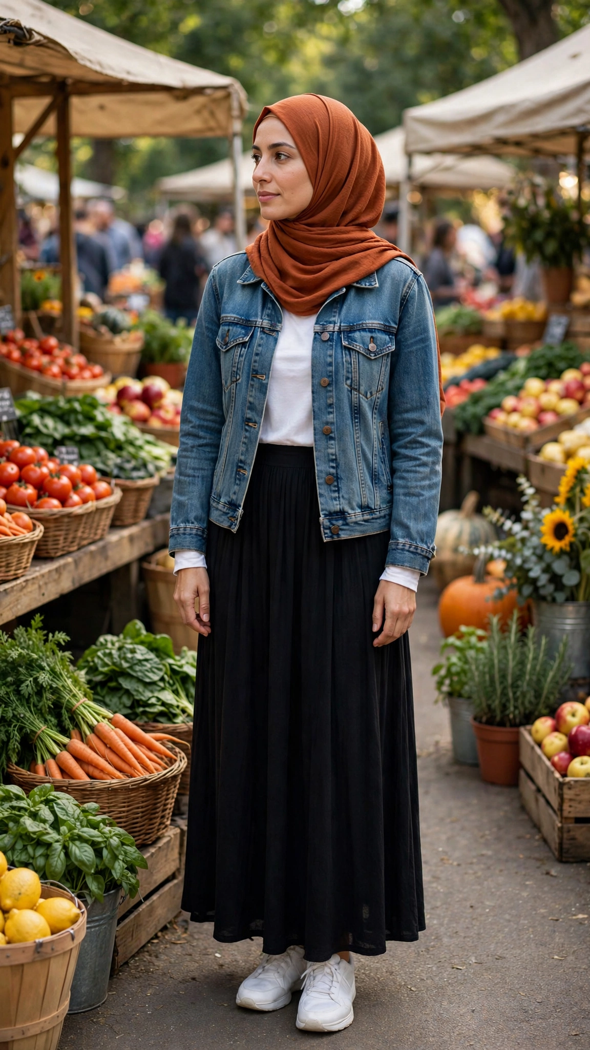 6. Denim Jacket + Rust Jersey Hijab + Black Maxi Skirt