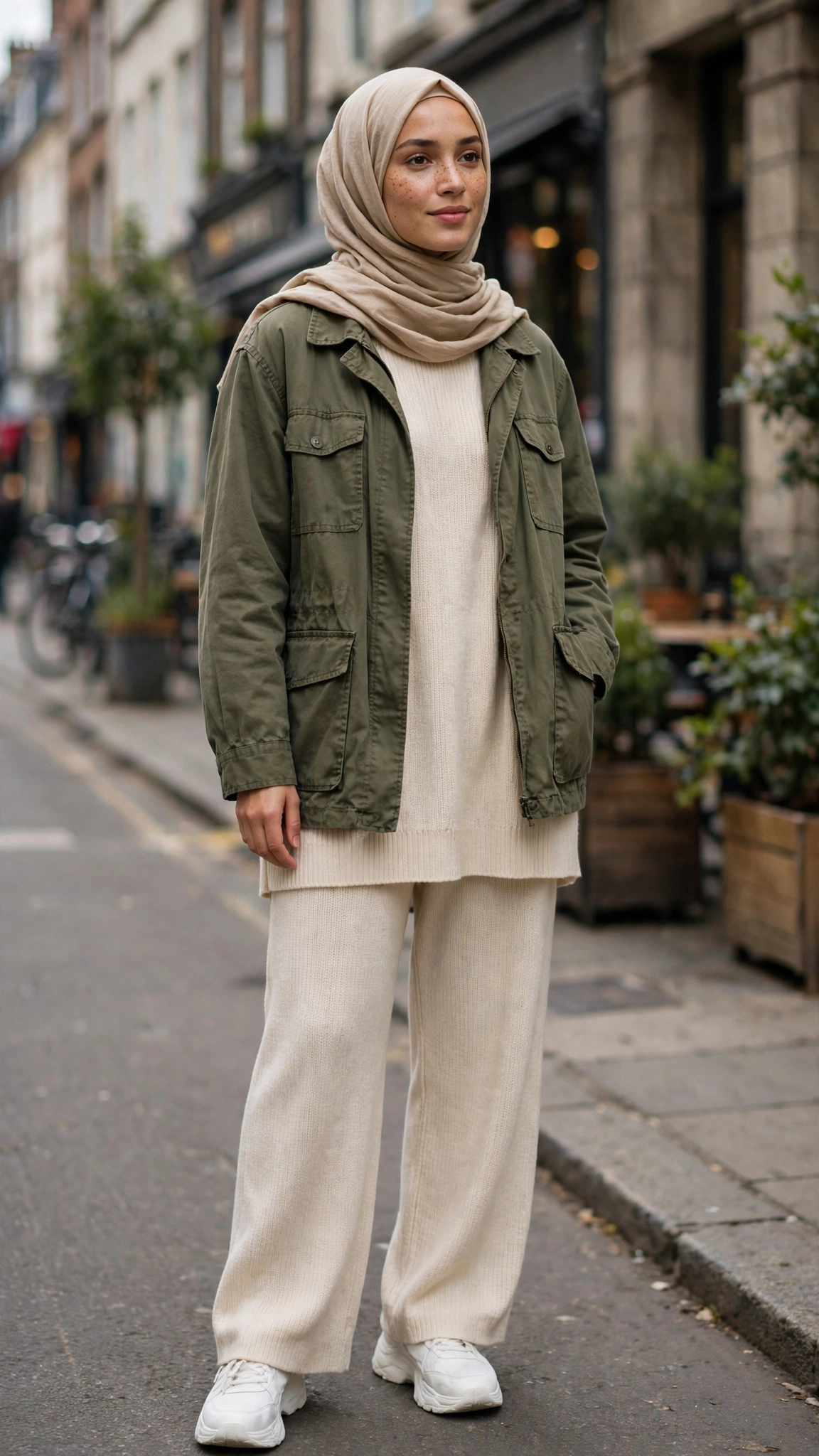 7. Olive Utility Jacket + Beige Hijab + Cream Knit Co-Ord Set
