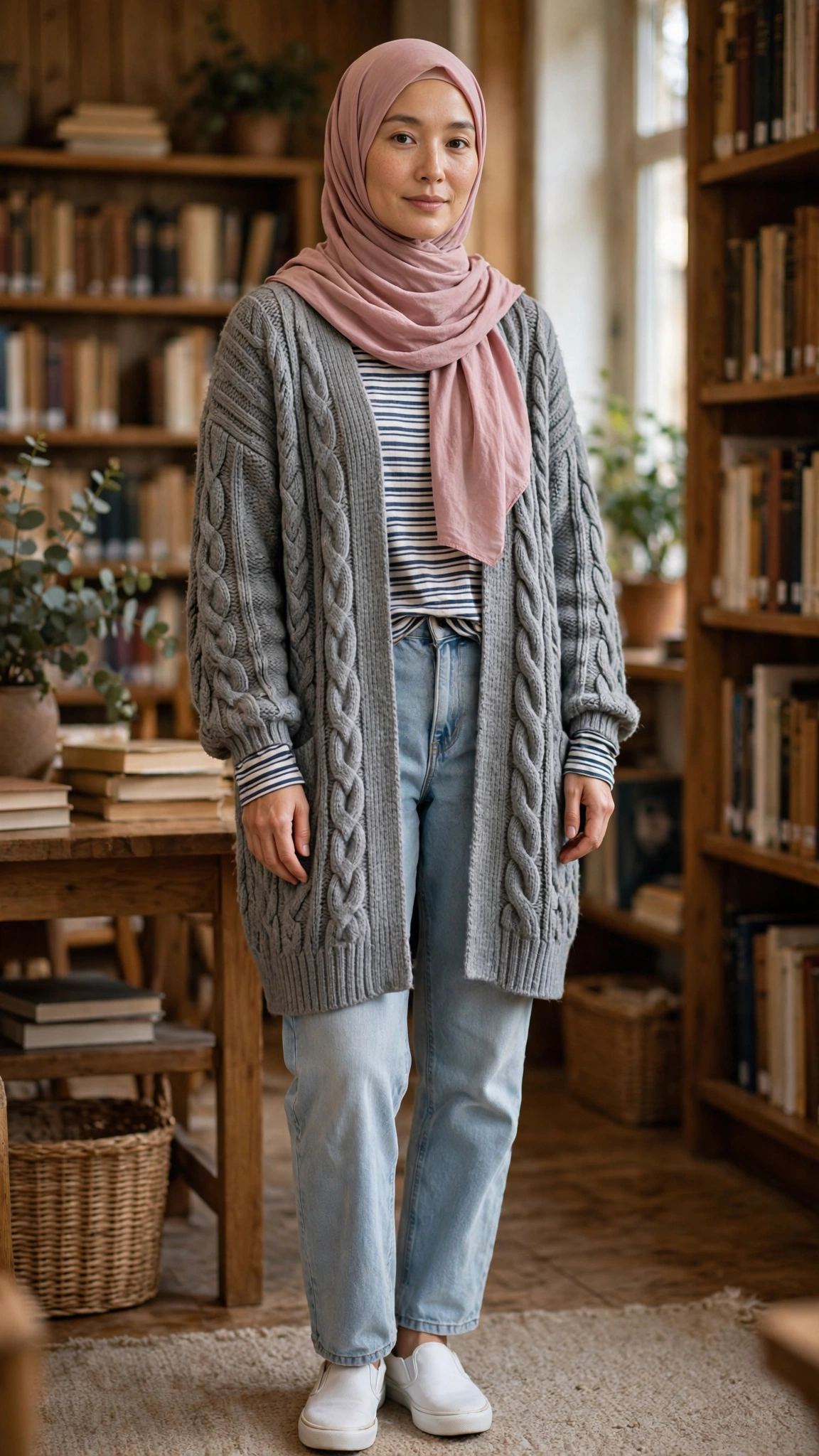 8. Long Gray Cardigan + Dusty Pink Hijab + Relaxed Mom Jeans