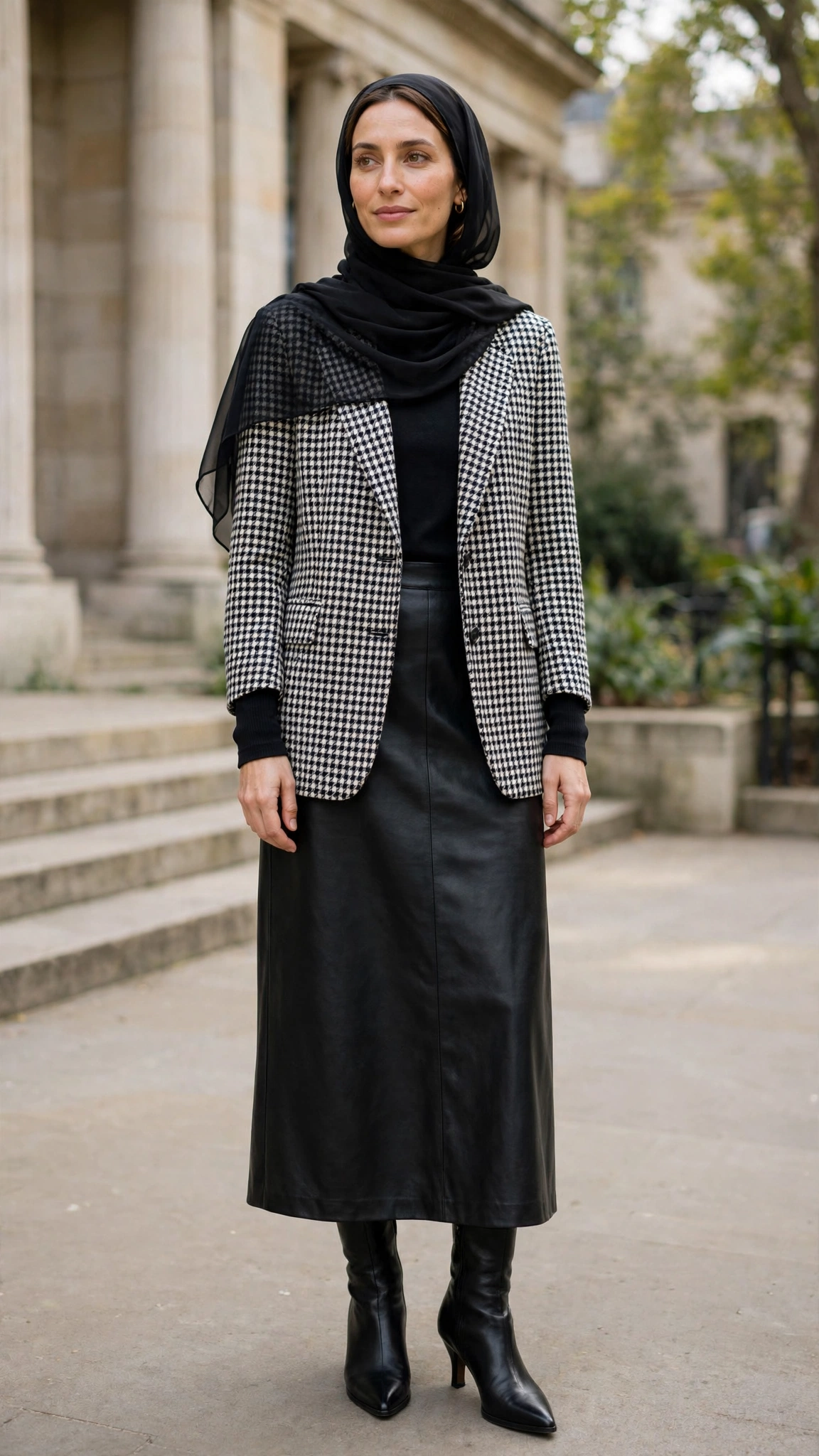 9. Houndstooth Blazer + Black Chiffon Hijab + Faux-Leather Midi Skirt