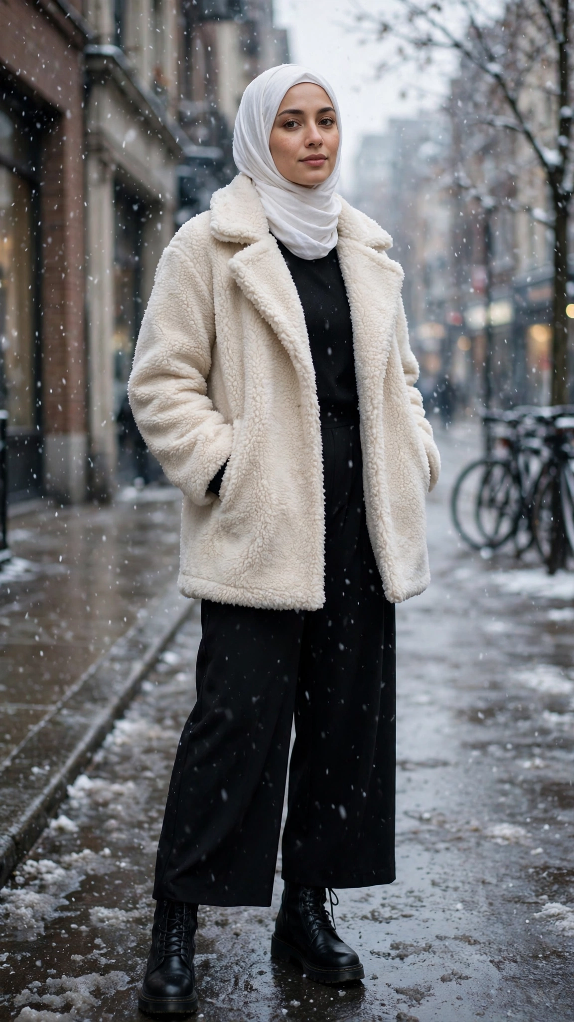 12. Teddy Coat + White Hijab + All-Black Base Layers