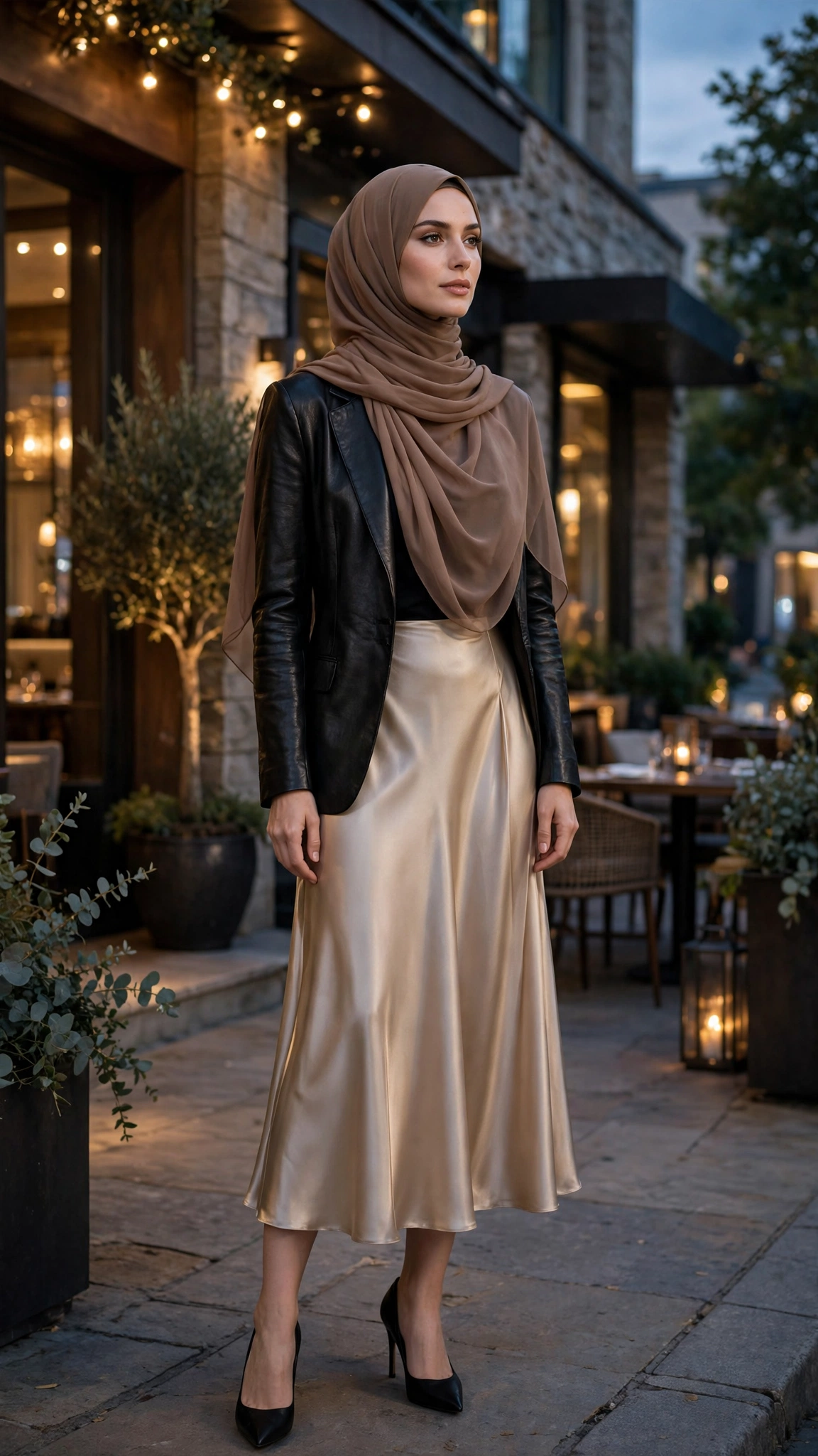 14. Black Leather Blazer + Mocha Hijab + Champagne Satin Midi Skirt