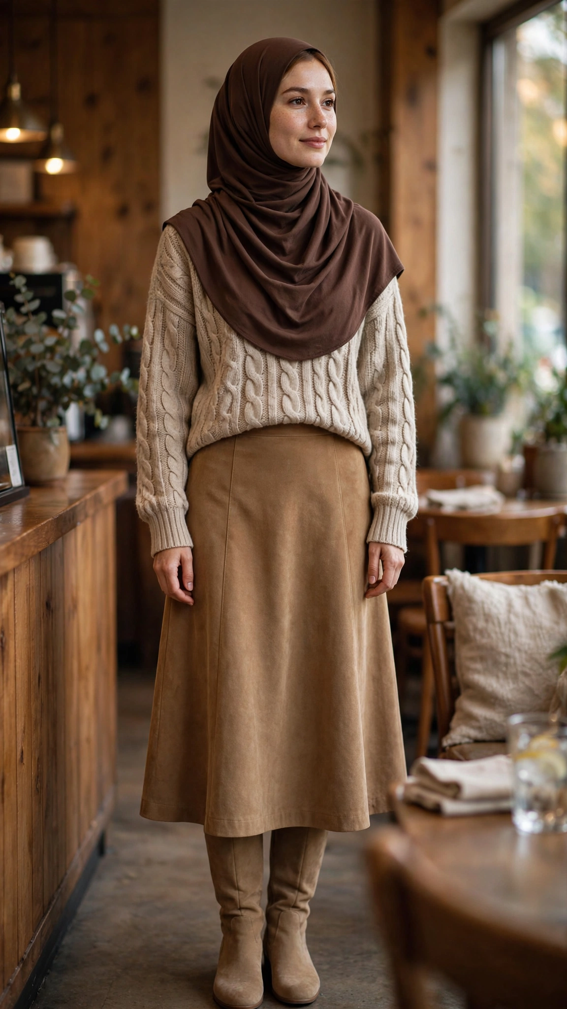 19. Cable-Knit Sweater + Chocolate Brown Hijab + Suede Midi Skirt