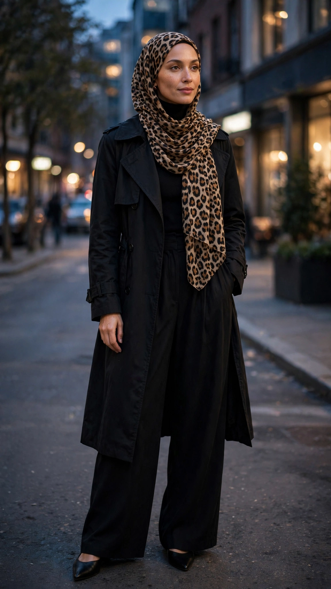 20. Black Trench Coat + Leopard-Print Hijab + Black Wide-Leg Pants
