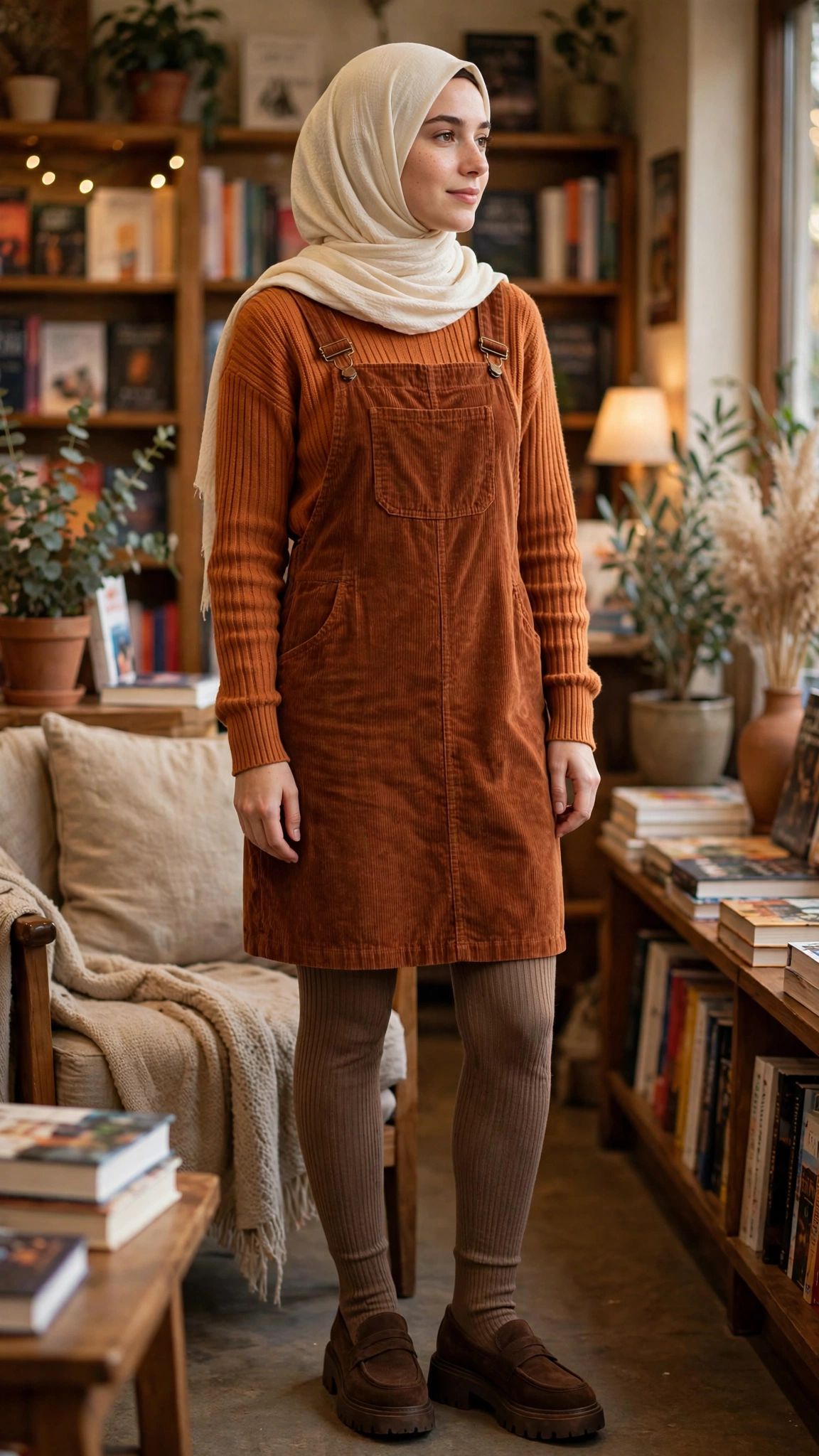 21. Pumpkin-Spice Knit + Cream Hijab + Corduroy Pinafore Dress