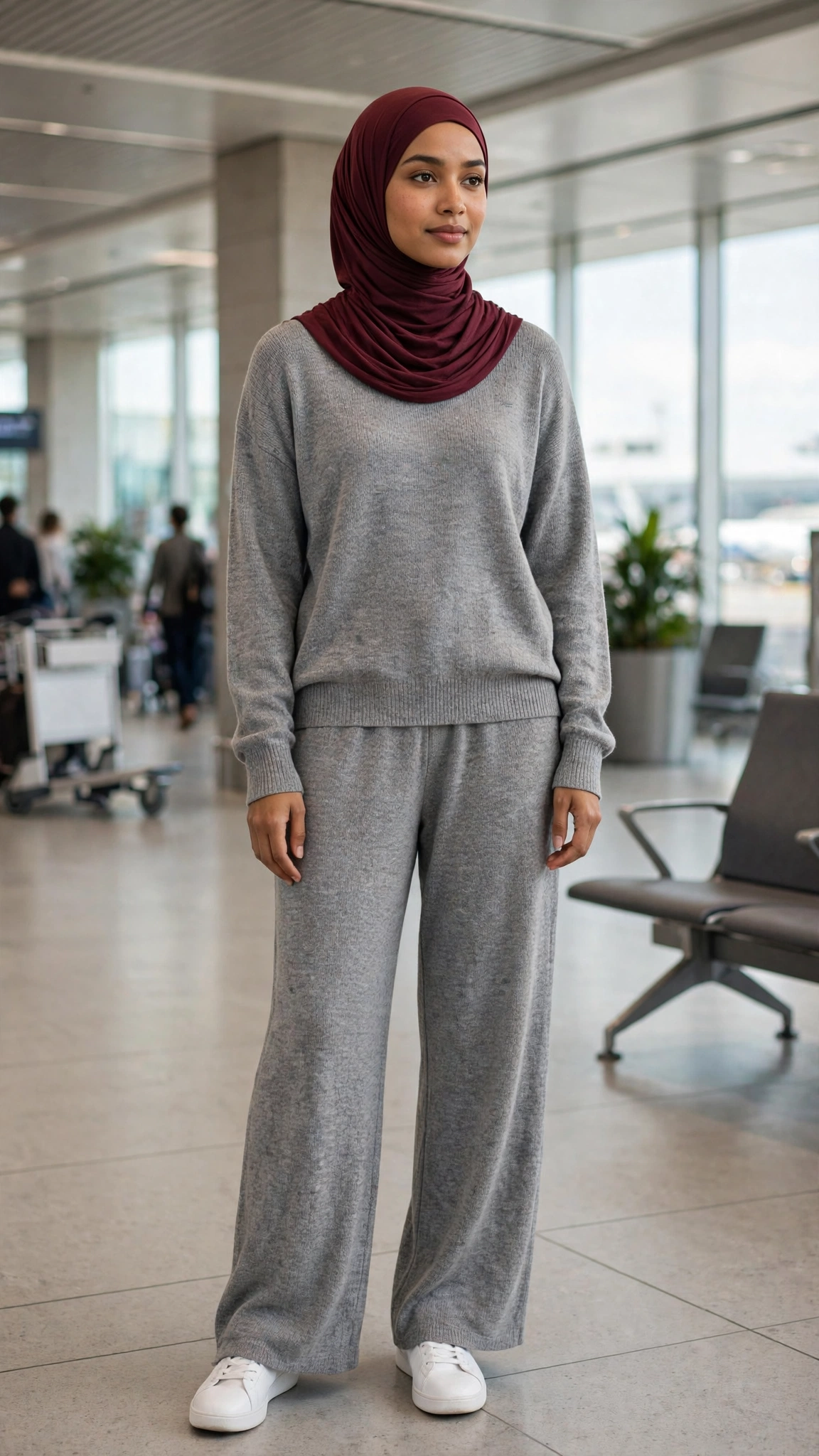 22. Gray Sweater Set + Burgundy Hijab + Clean White Sneakers