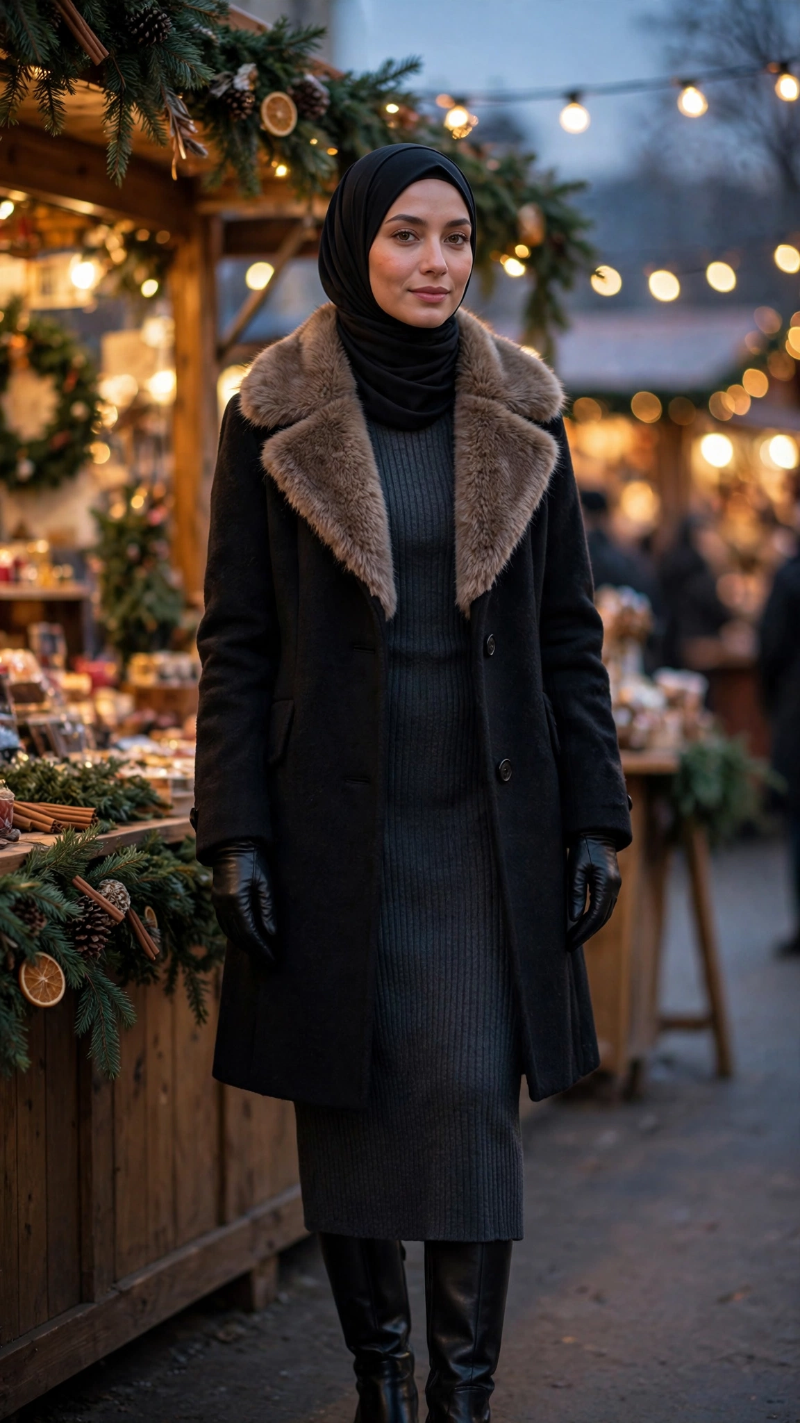 24. Faux-Fur-Trim Coat + Black Jersey Hijab + Ribbed Knit Midi Dress