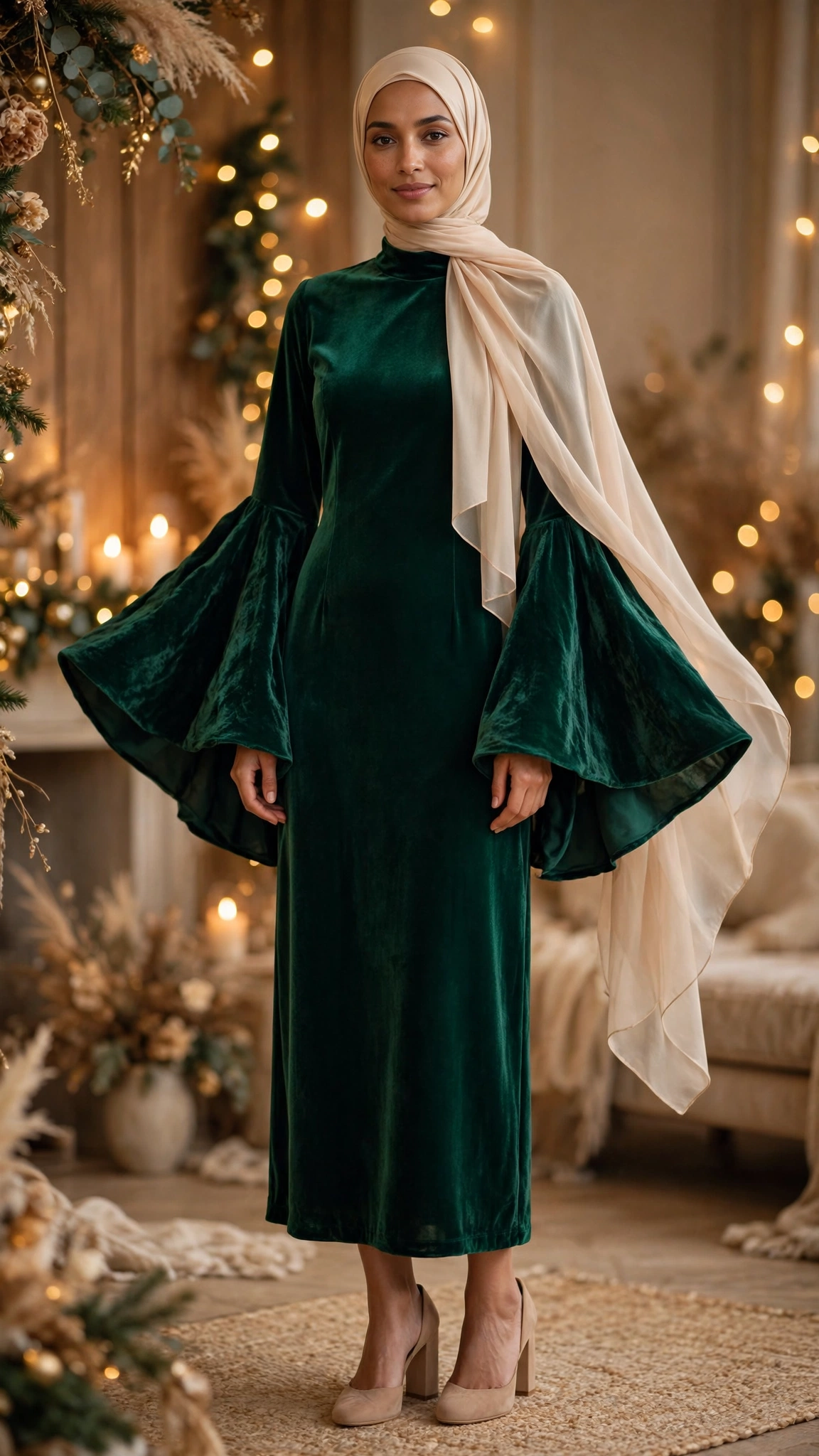 Modest Holiday Party Outfits – 1. Emerald Velvet Midi Dress: A Modest Holiday Party Outfit Classic