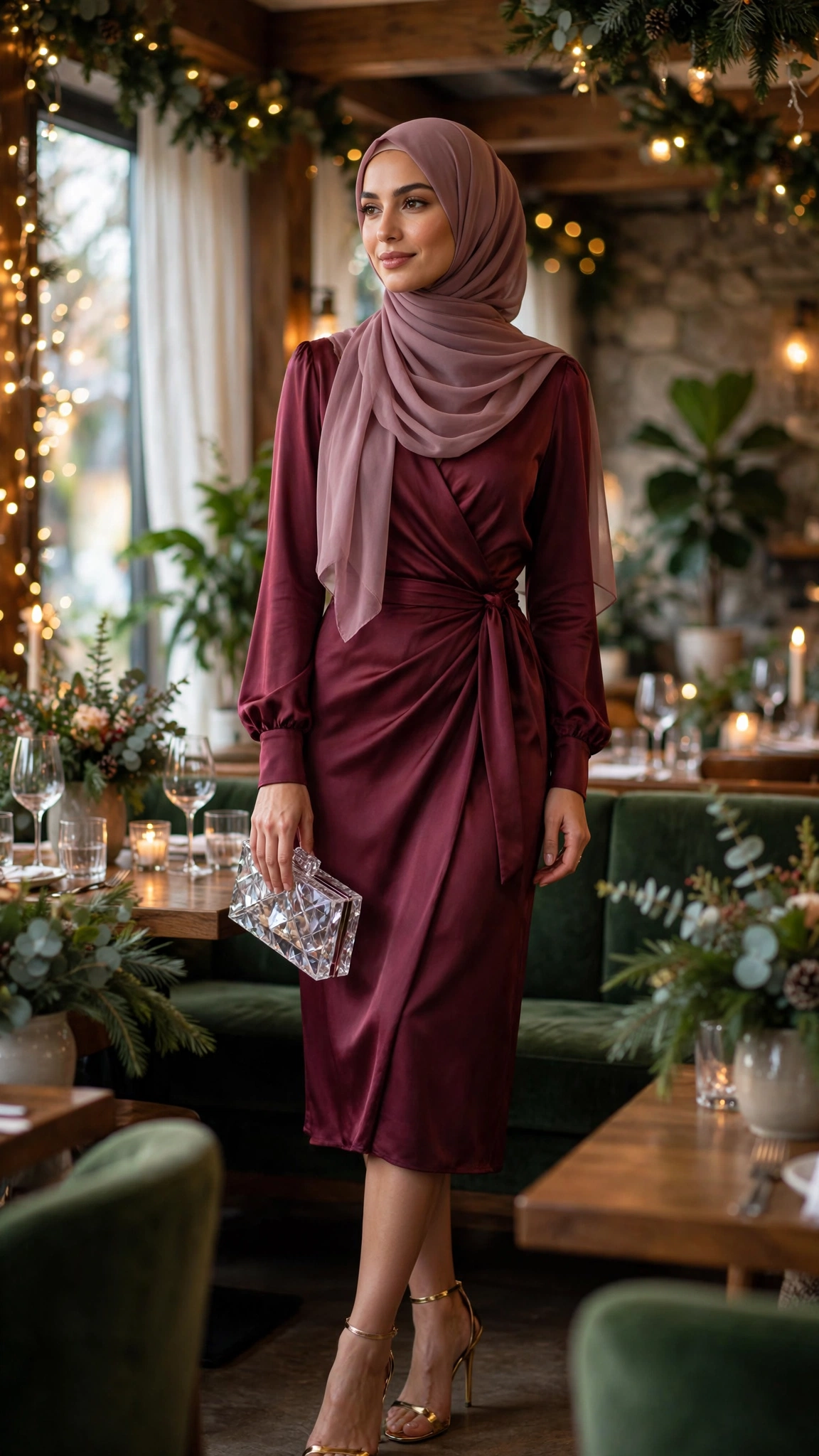2. Burgundy Satin Wrap Dress With Long Sleeves