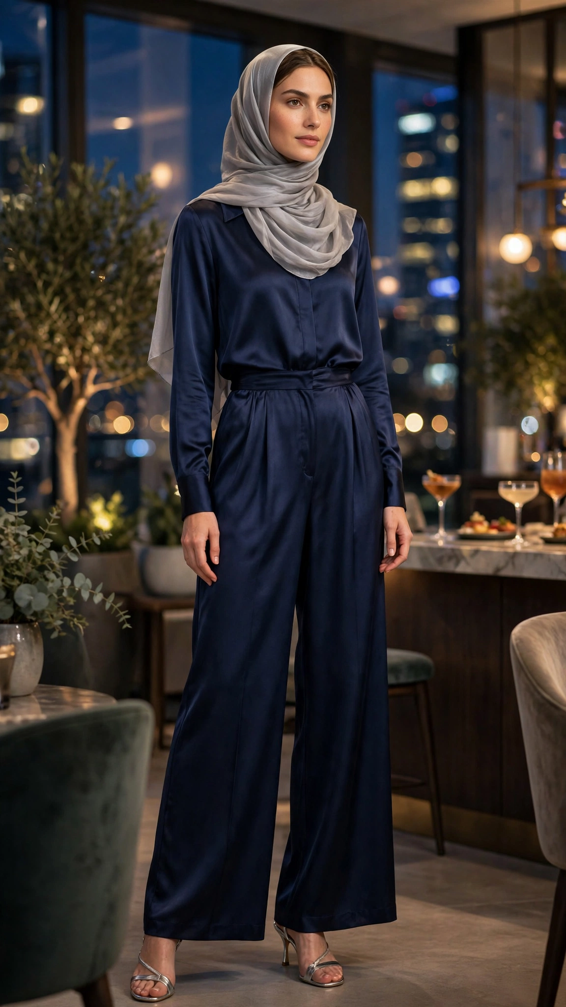 4. Navy Satin Jumpsuit With Wide Legs