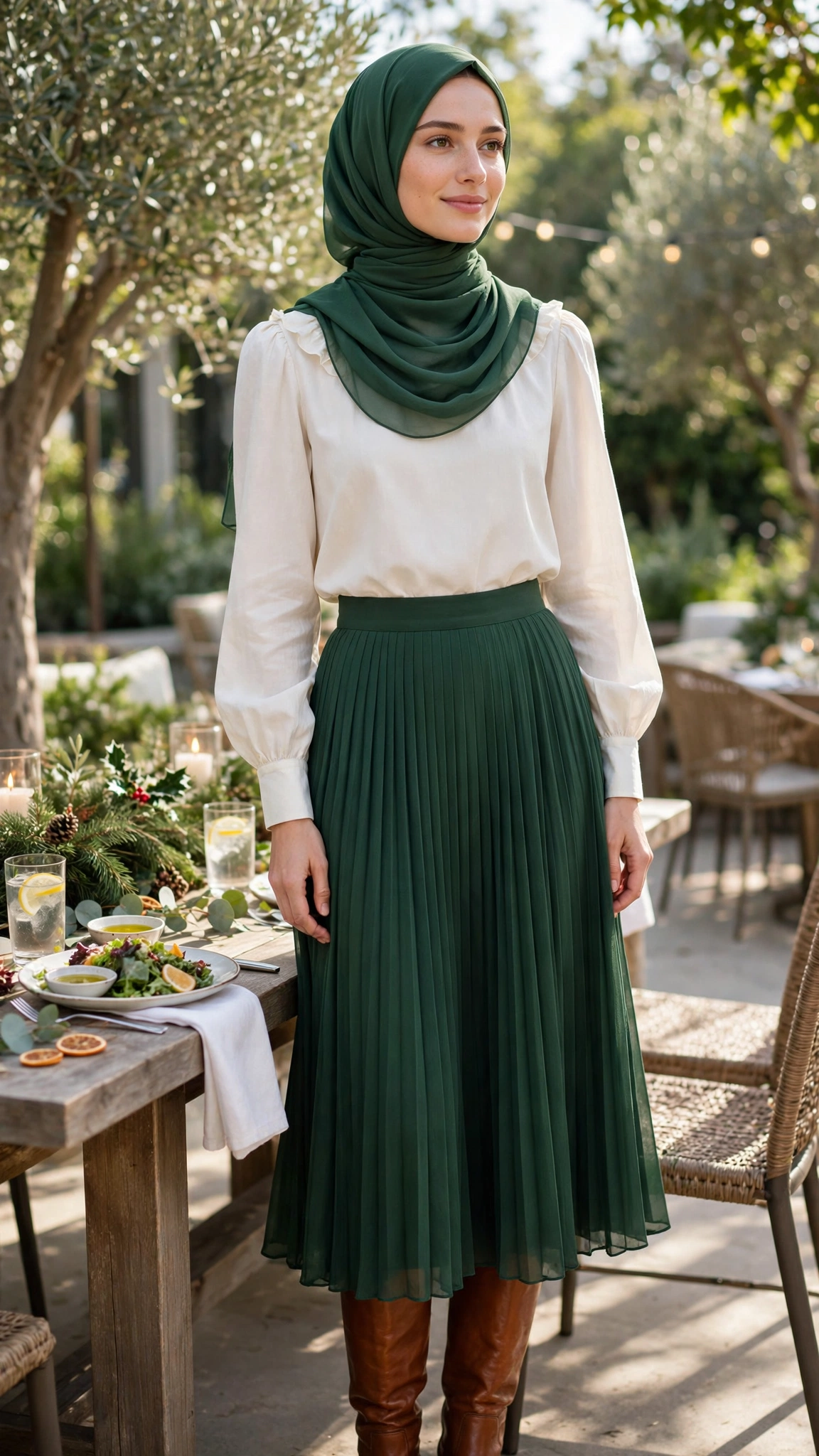 5. Ivory Blouse With Forest Green Pleated Skirt