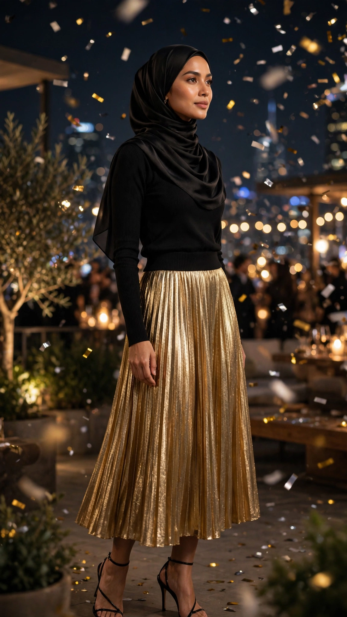 6. Gold Metallic Midi Skirt With Black Turtleneck
