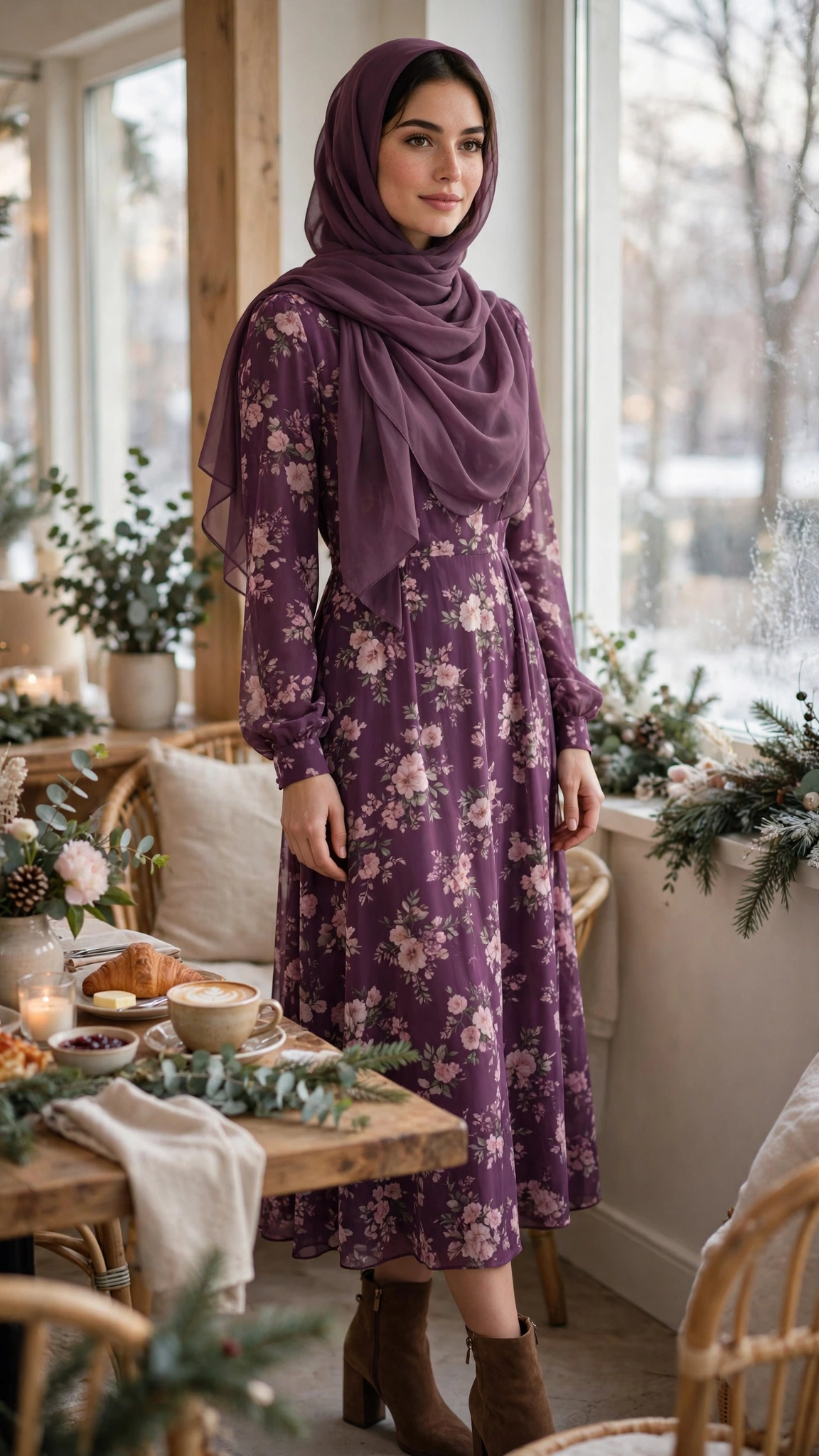 11. Plum Floral Midi Dress With Full Sleeves