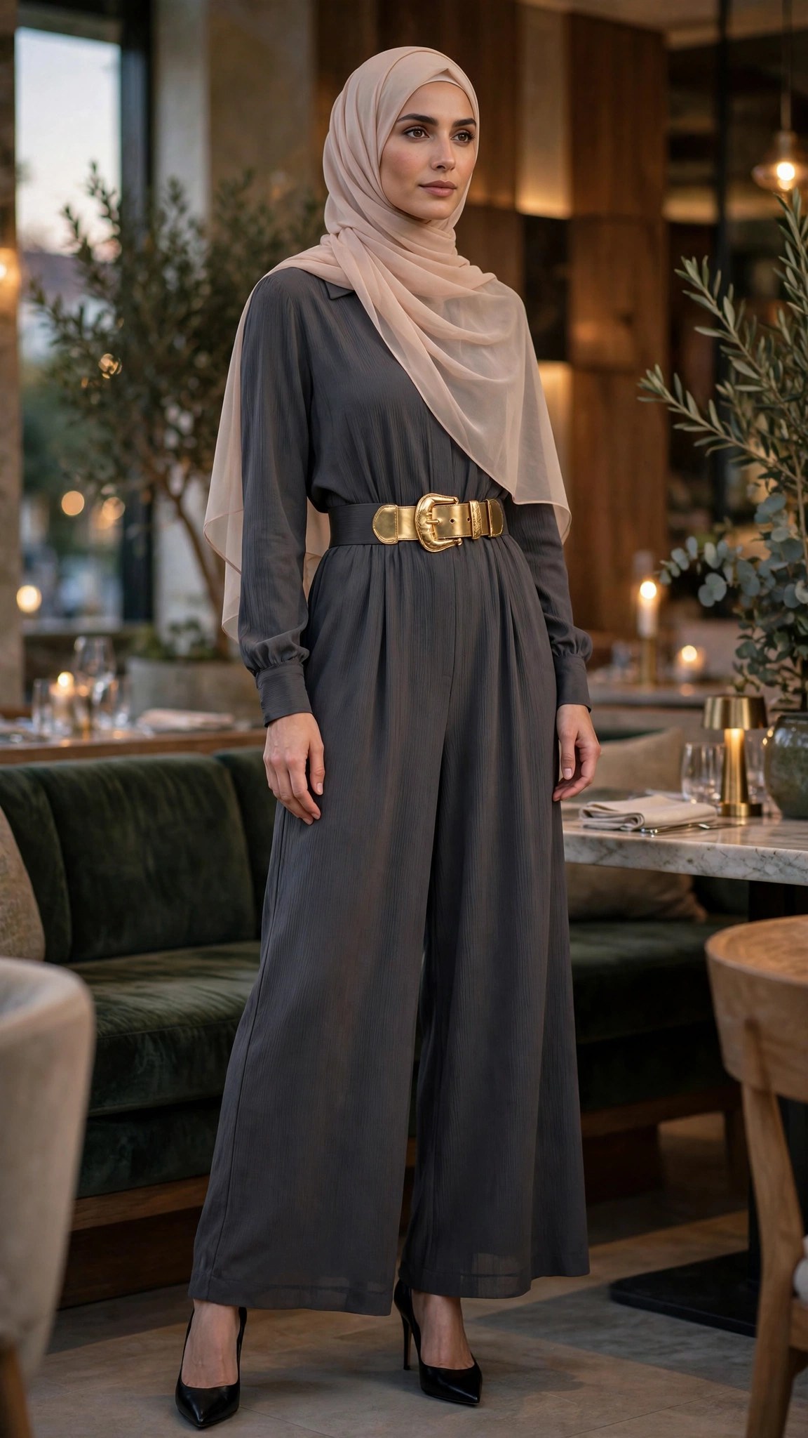 12. Charcoal Crepe Jumpsuit: A Modest Holiday Party Outfit Hero